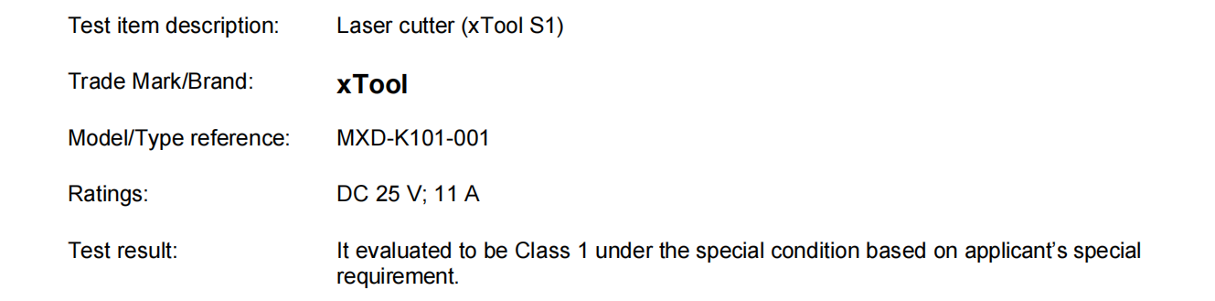 xtool s1 class 1 laser test verification