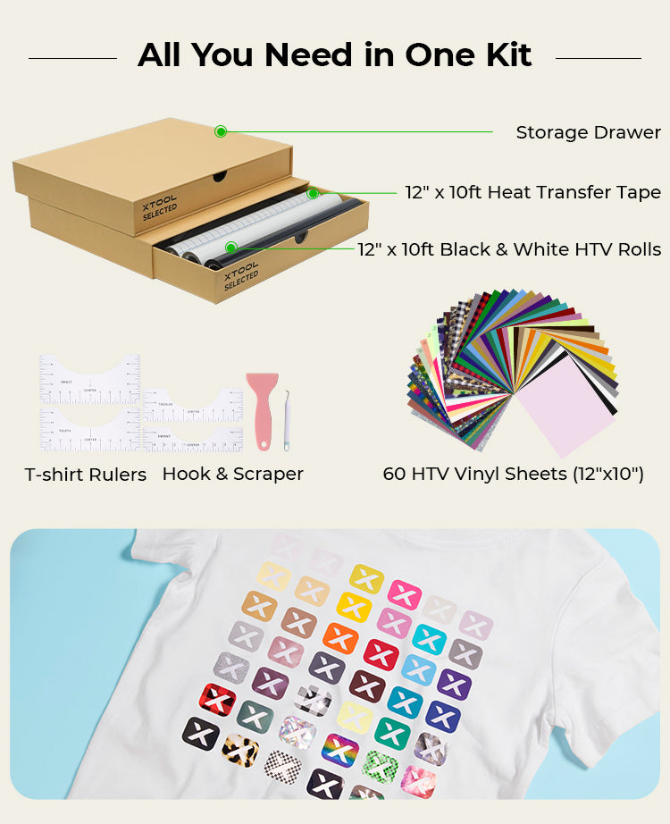  xTool Heat Transfer Vinyl Bundle - 11 Styles & 40 Colors Iron  On Vinyl with Weeding Tool & Ruler Guide, 60 Sheets HTV Heat Transfer Vinyl  for T-shirts, Patterned Glitter HTV