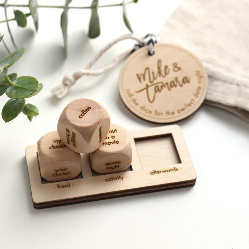 wood anniversary gifts - personalized wooden date night dice