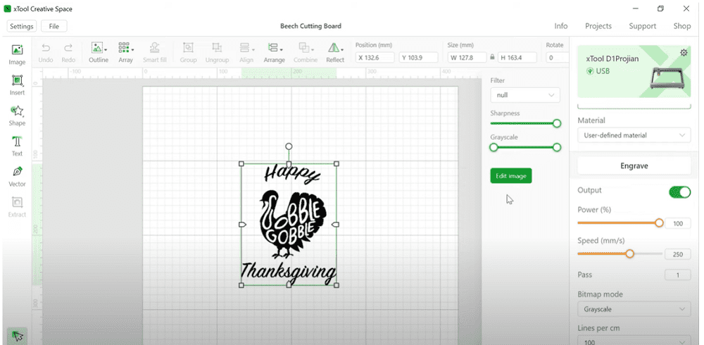 material settings for laser engraving Thanksgiving charcuterie board