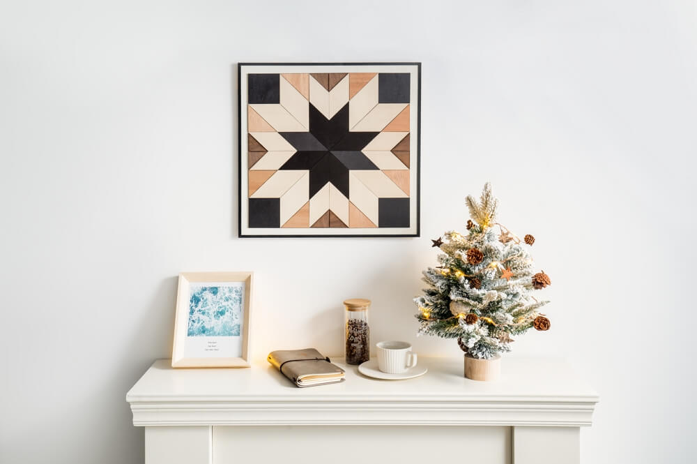 Hexagon Shaped Wood Wall Art Sculpture Featuring a Variety of 