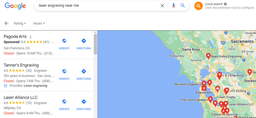 screenshot of searching laser engraving near me