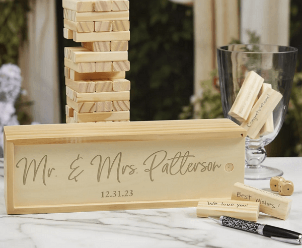 laser engraving ideas - personalized wedding jumbling tower