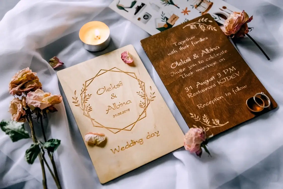 laser cut wooden wedding invitation