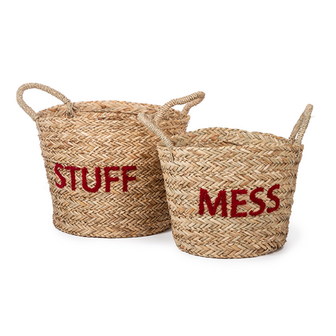 Keep kids toys and clothes organised with our storage solutions that even children will love. A set of two seagrass baskets with mess/stuff embroidered for a unique design.  These are such a great storage solution for kids.  Use them for toy storage, or to organise clothes.  