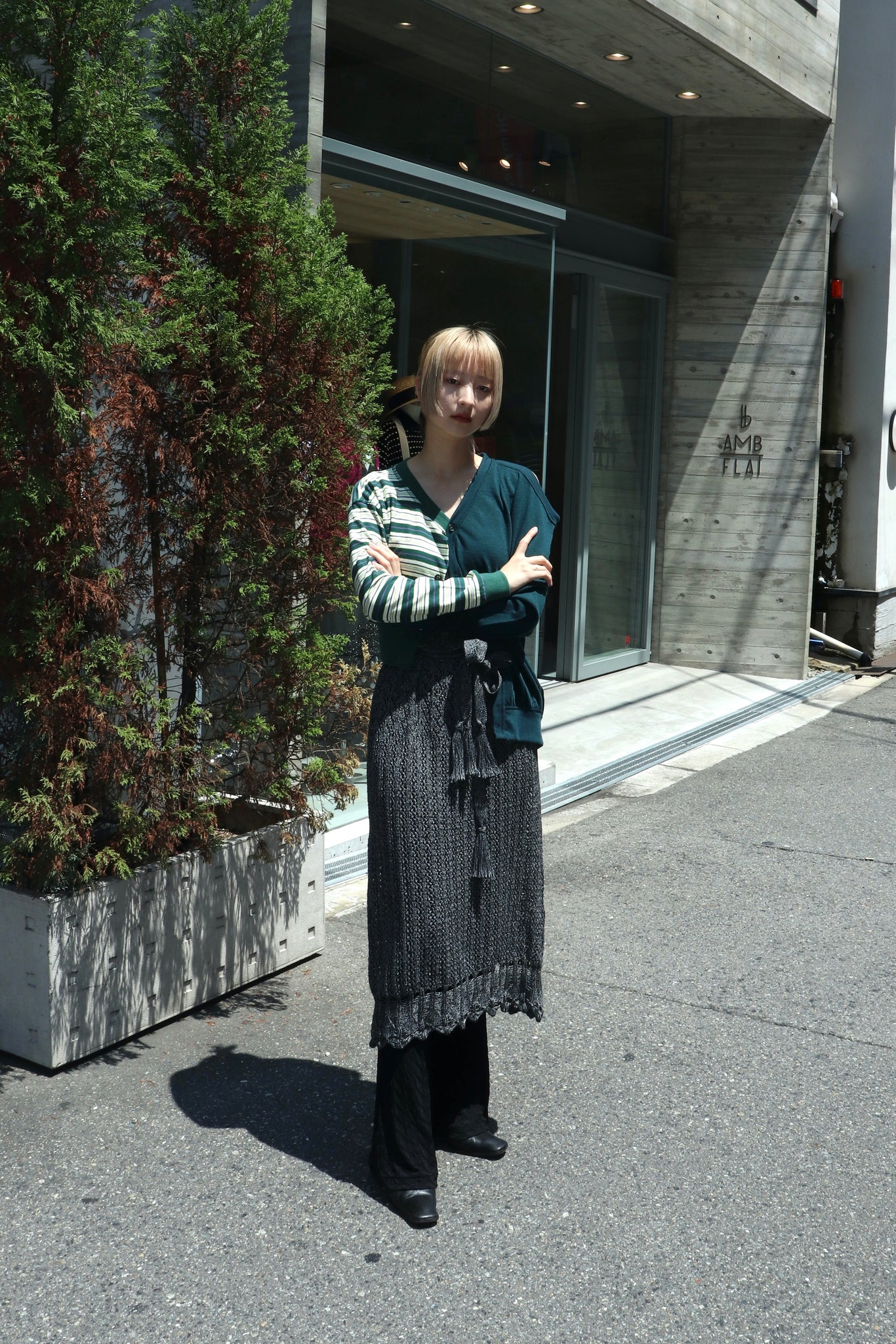 PerverZe's 22AW Asymmetric Jersey Top BLK and SODUK's 22AW Slit Knit Trousers MIX MIX and TIIT 20SS Rib Tank Top WHT 36 and Masu's 22AW NIBBLED NECKLACE S S. NOA SLVR of 22AW of LVR and Rathel 45 and SOE 21AW's 21AW FUR SQUARE POUCH 5 BRW worn image