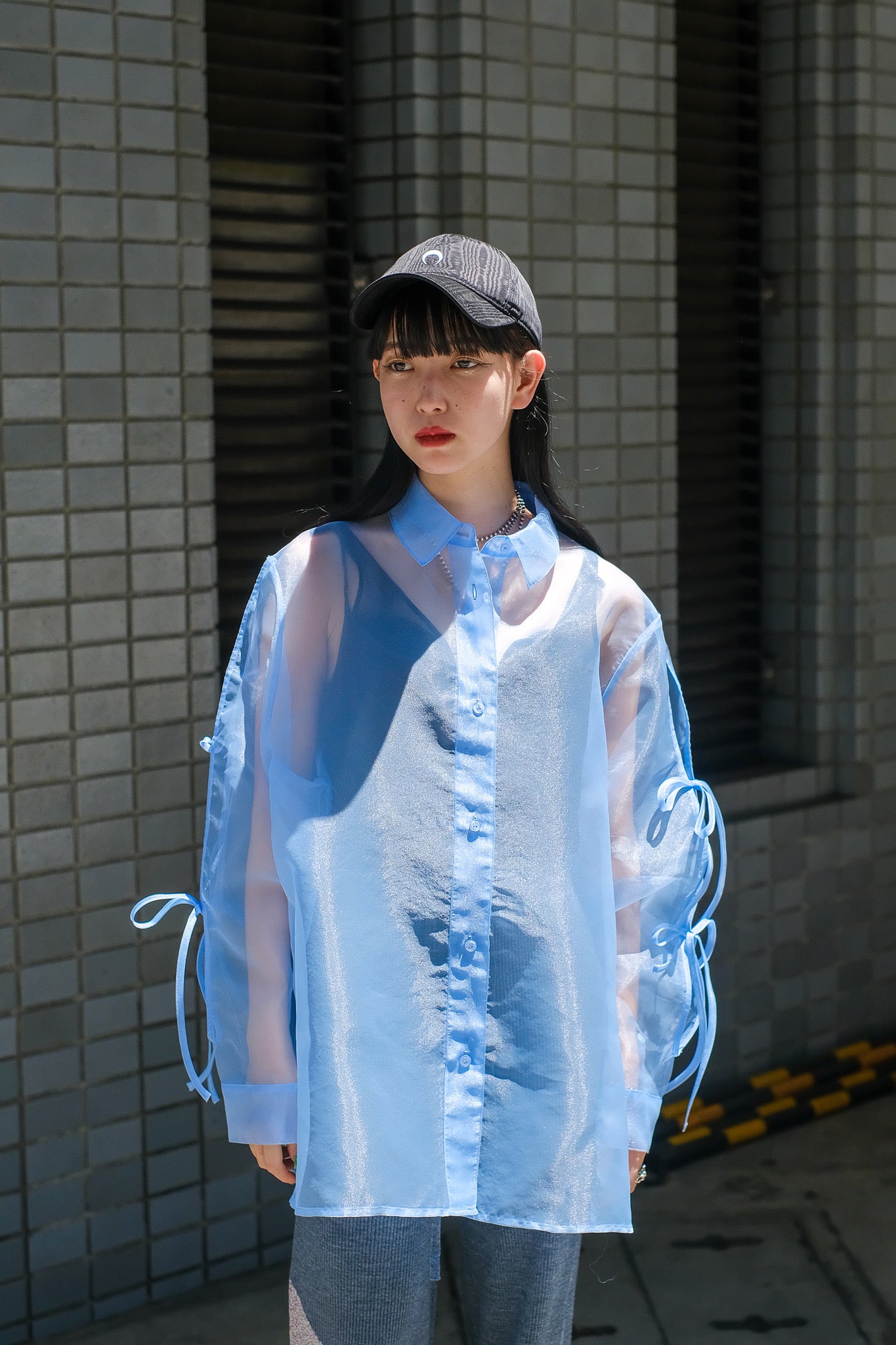 Styling image using SODUK 22aw Ribbon Sleeve Shirt