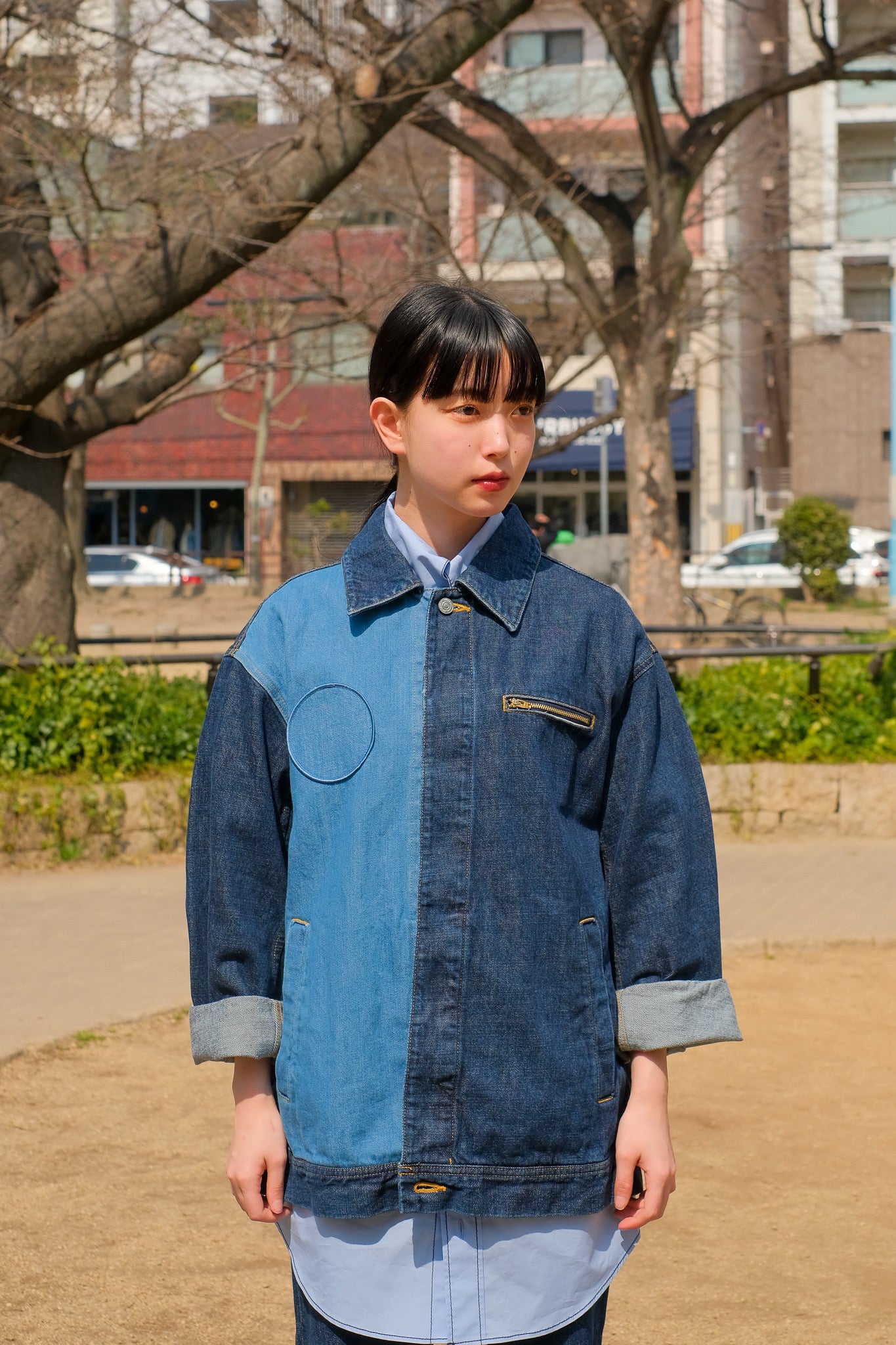 soduk 22SSのcircle patch denim jacketを使用したスタイリング画像