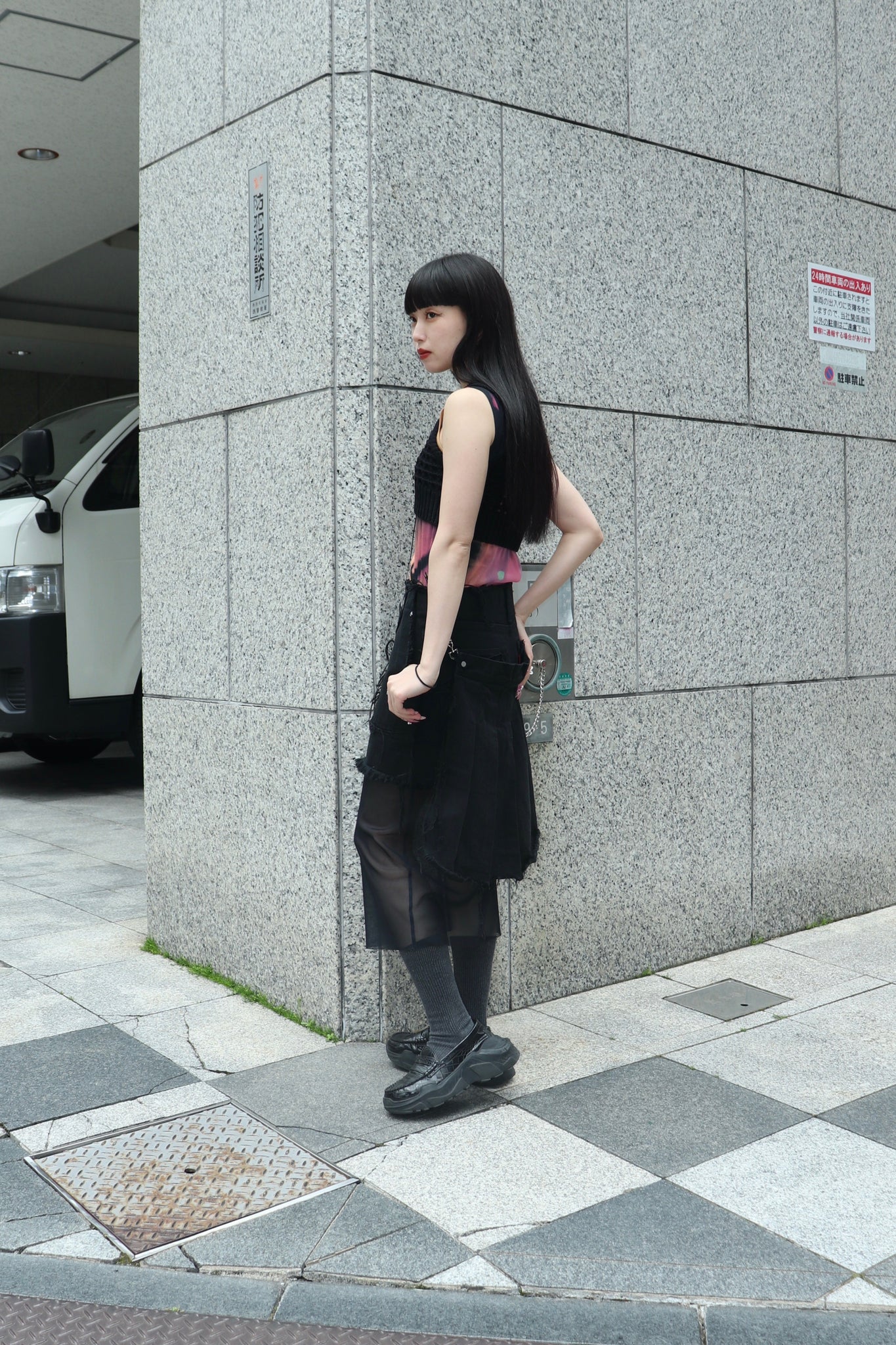 VCF 24SS PHOTO PRINT POWER NET DRESS(BLACK)を使用したスタイリング画像