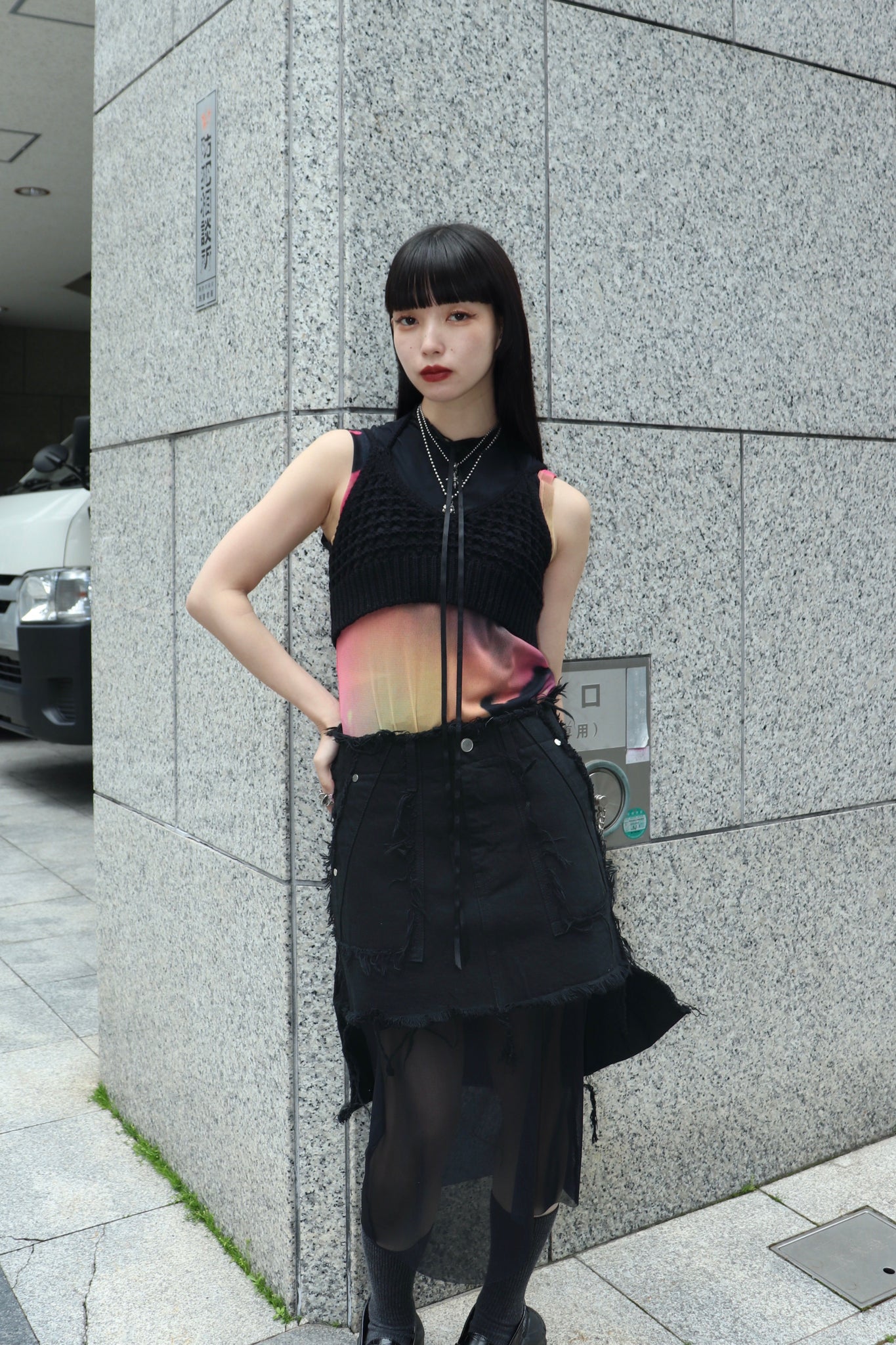 VCF 24SS PHOTO PRINT POWER NET DRESS(BLACK)を使用したスタイリング画像