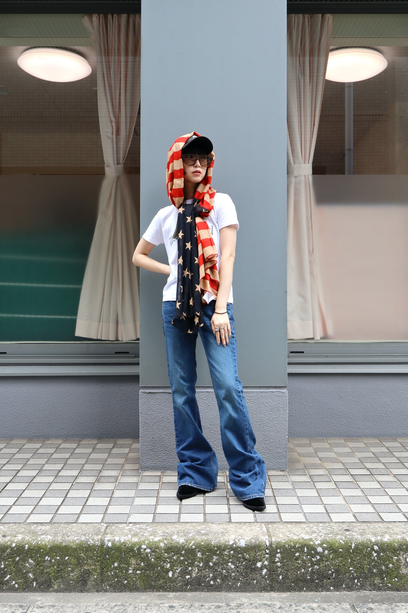 Styling image using masu 23aw flag scarf