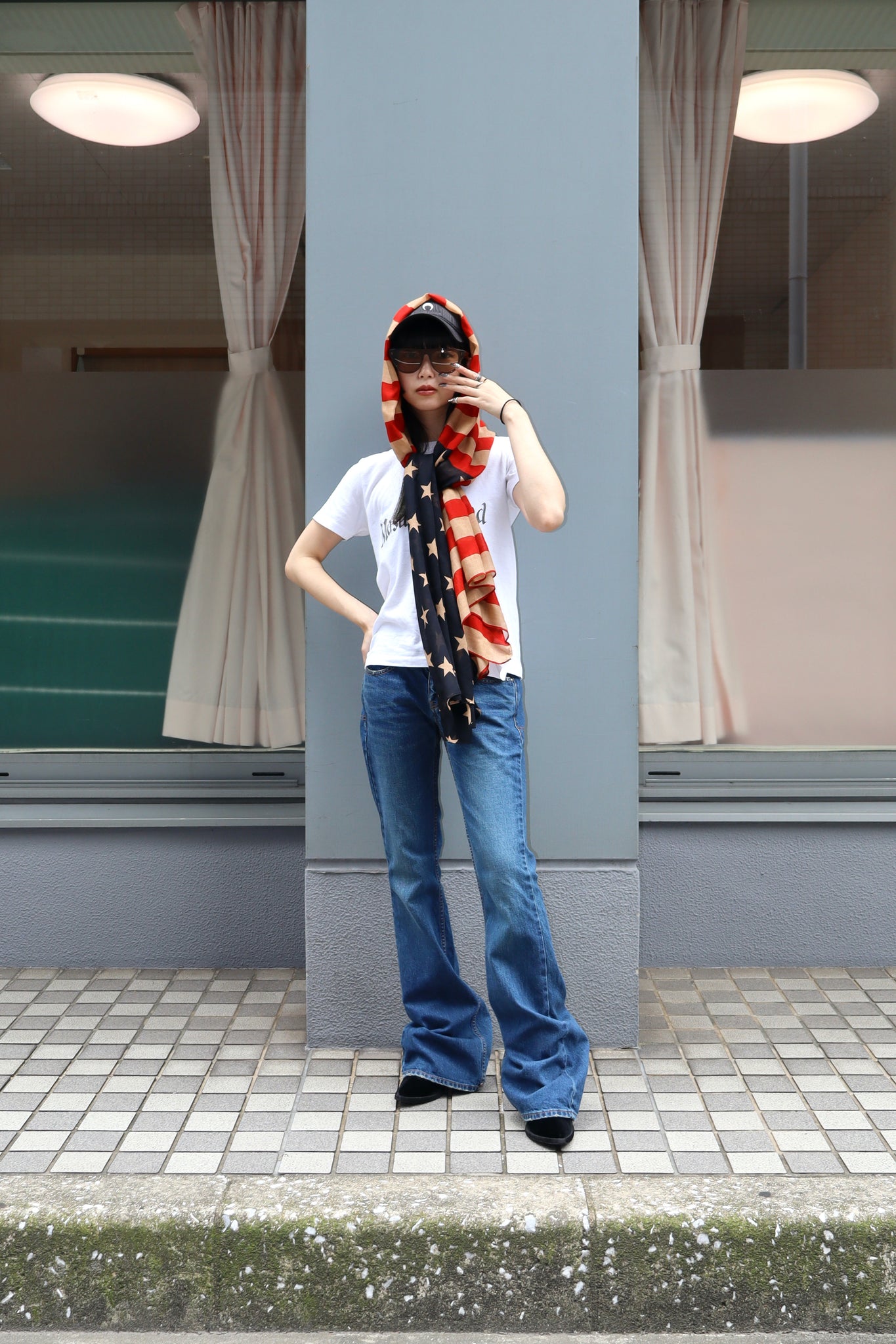 Styling image using masu 23aw flag scarf