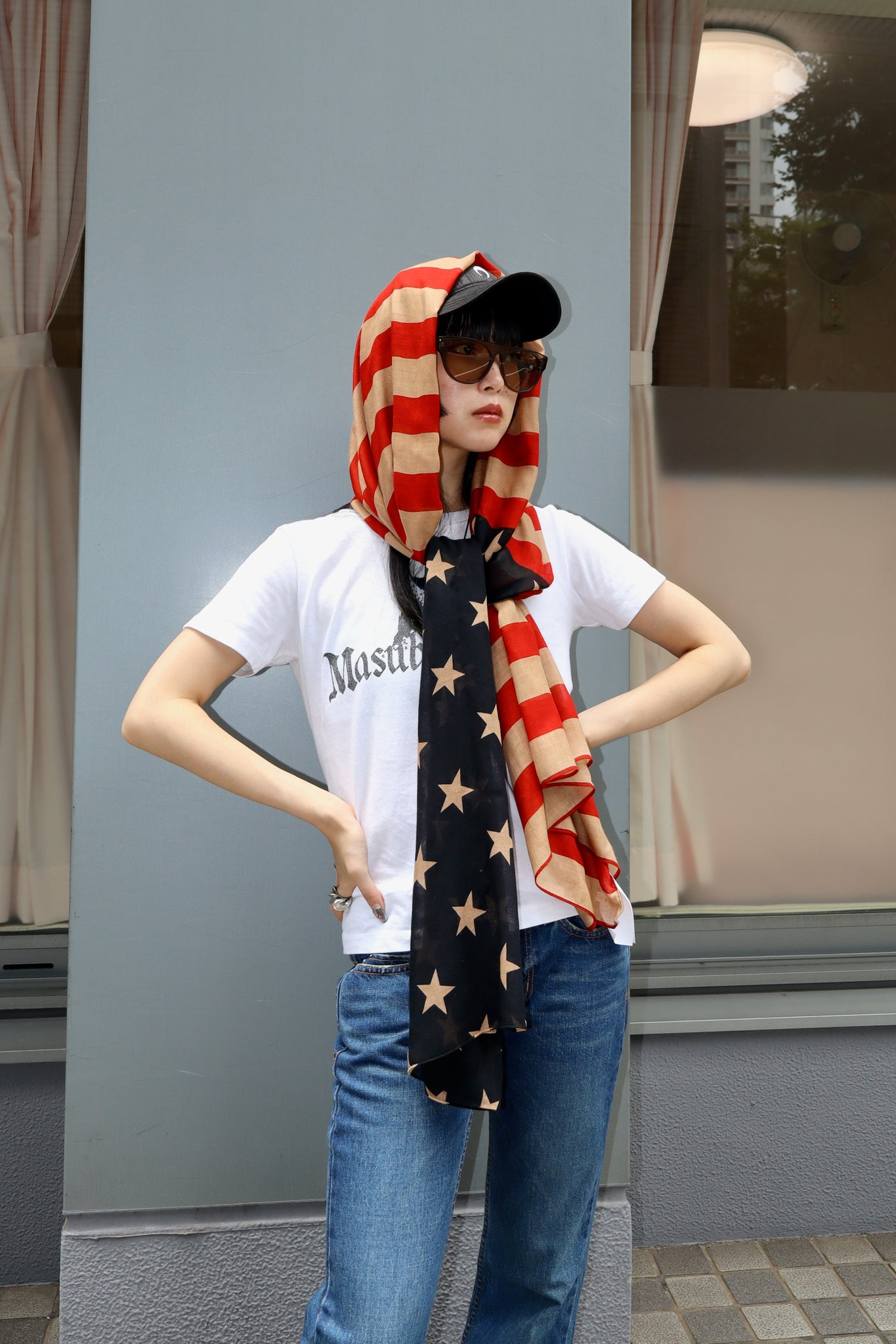 Styling image using masu 23aw flag scarf