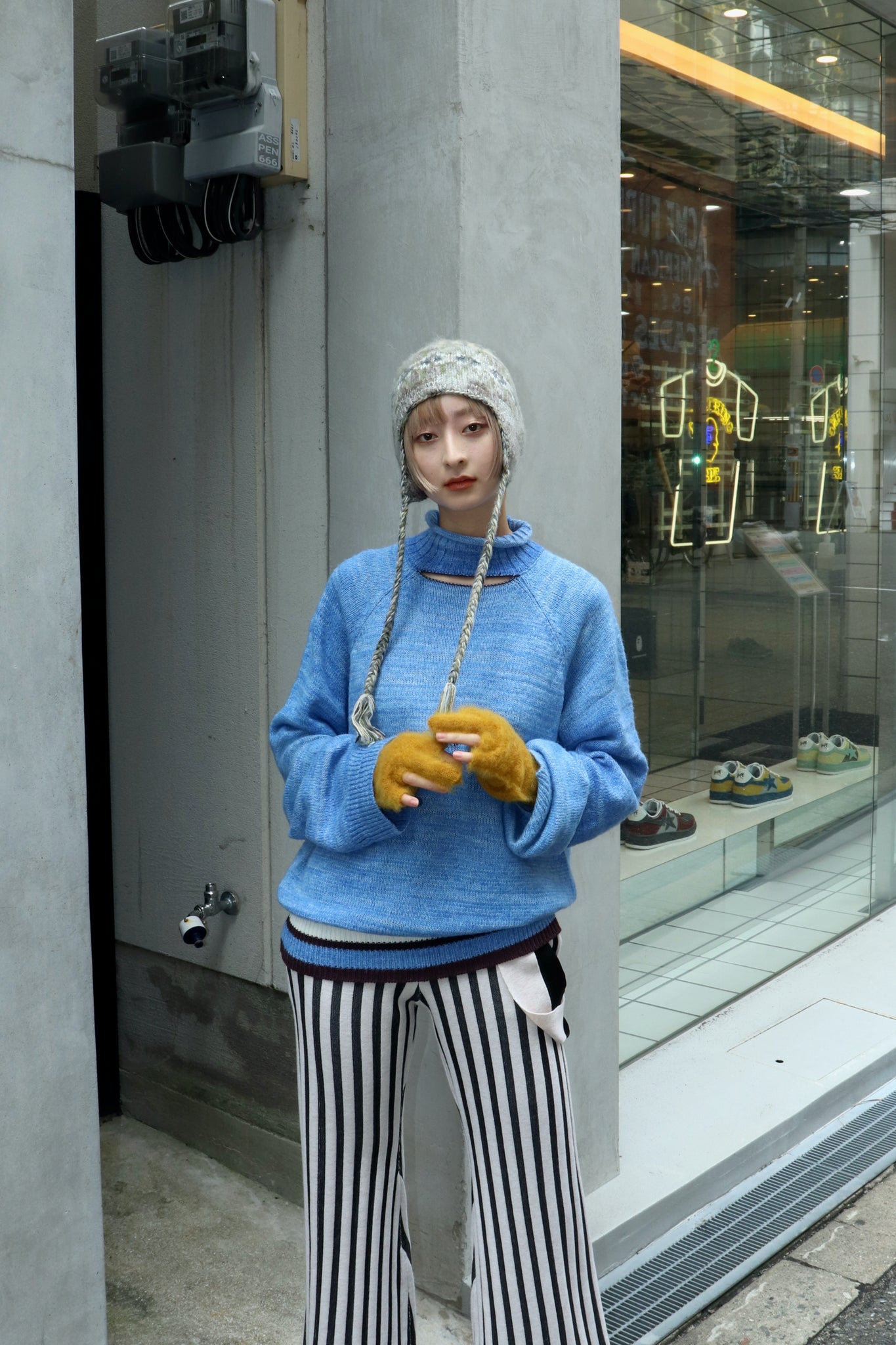 Blue Knit Top of SODUK and Blue of Hole Knit Top and KOTOHA's 22AW Stripe Knit Pants BLK BLK S and PerverZe's 22AW Blend Border Knit Cap's Gry and Cognomen's 22AW FUCK Mohair G LOVES Yellow Wearing Image