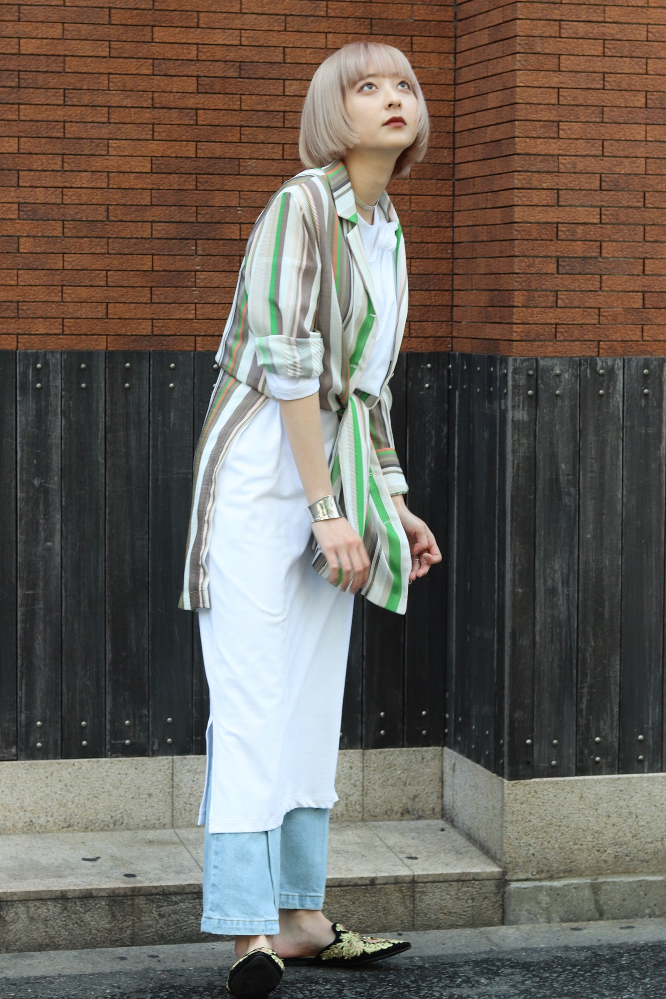 tiit의 17SS의 stripe long shirt의 GREEN 착용 이미지