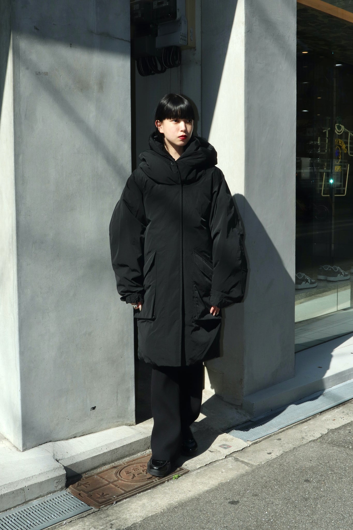 Styling image using Perverze 22aw NYLON Puffer Long Down Jacket