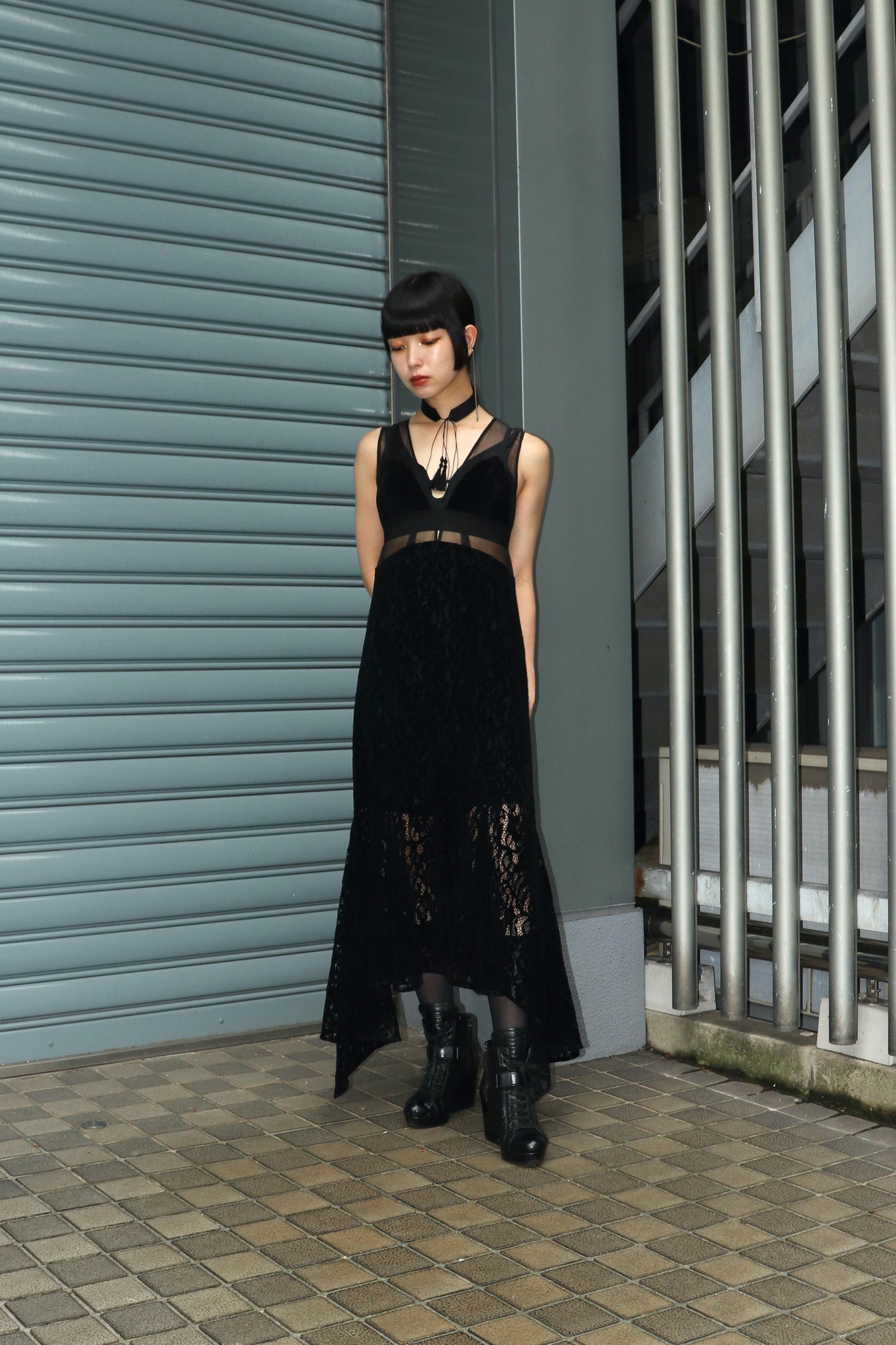 Styling image using FETICO 23AW LACE PANELED MIDI Dress (Black)