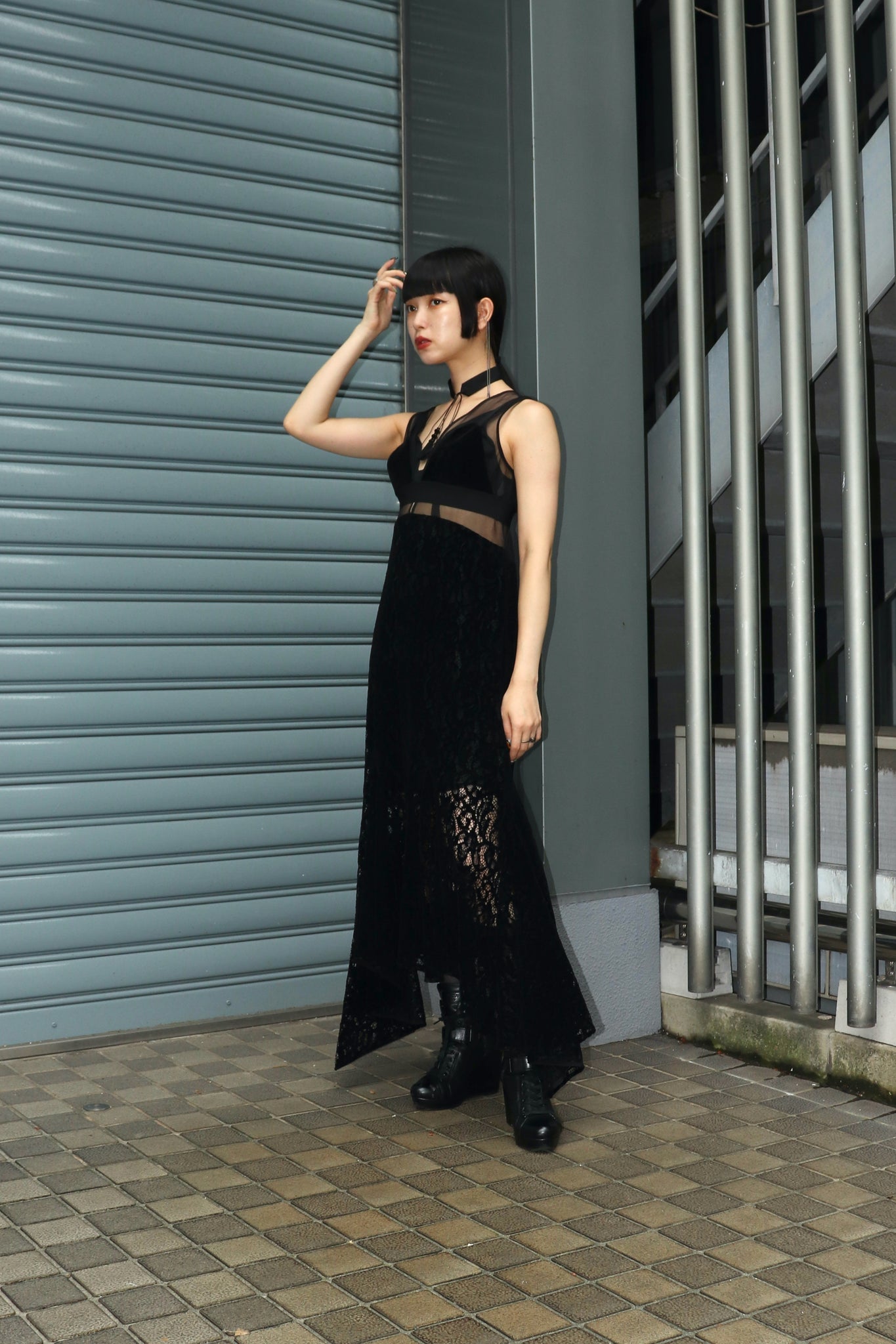 Styling image using FETICO 23AW LACE PANELED MIDI Dress (Black)