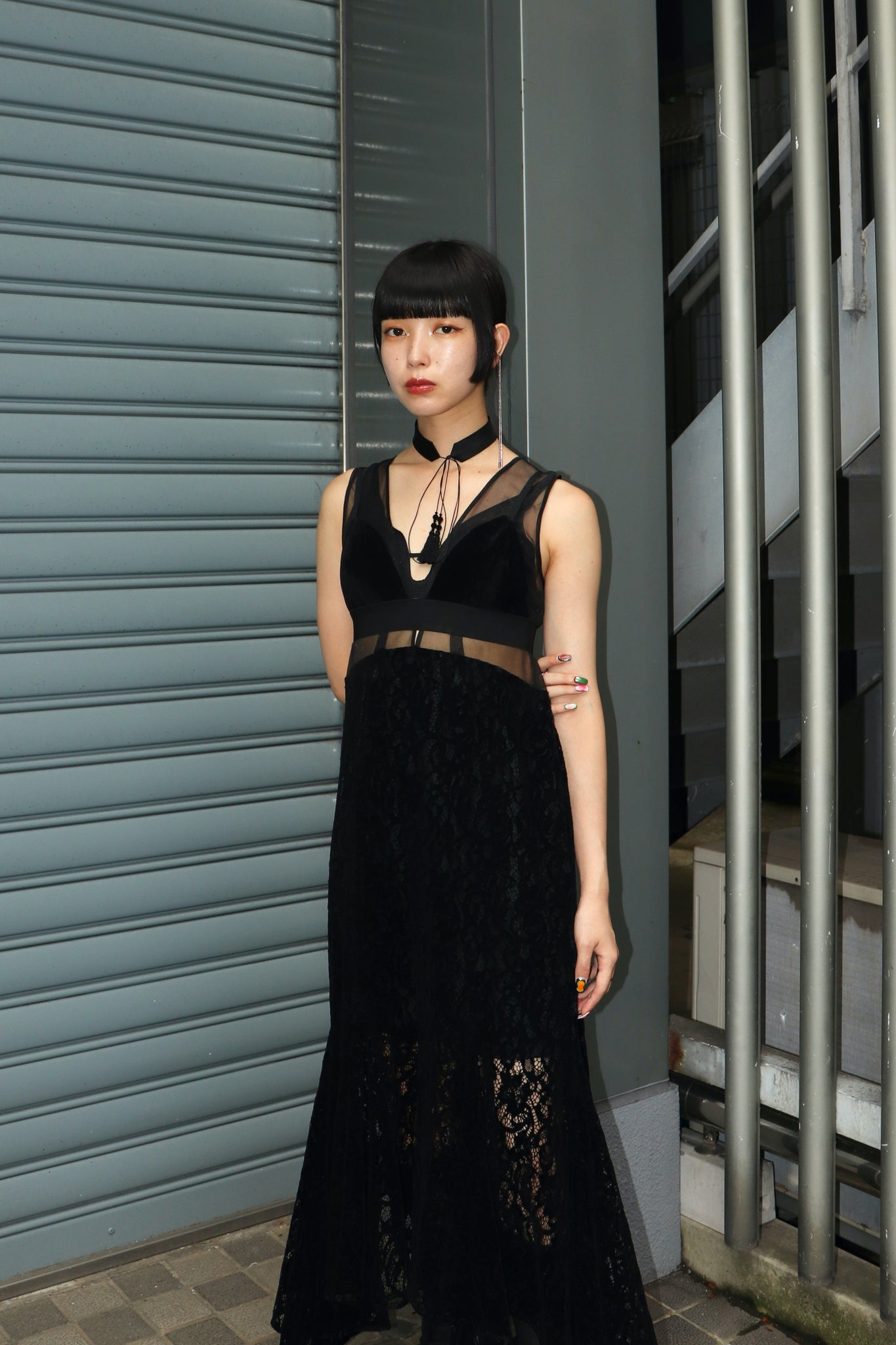 Styling image using FETICO 23AW LACE PANELED MIDI Dress (Black)