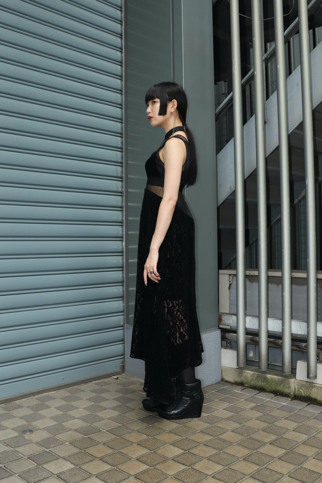 Styling image using FETICO 23AW LACE PANELED MIDI Dress (Black)