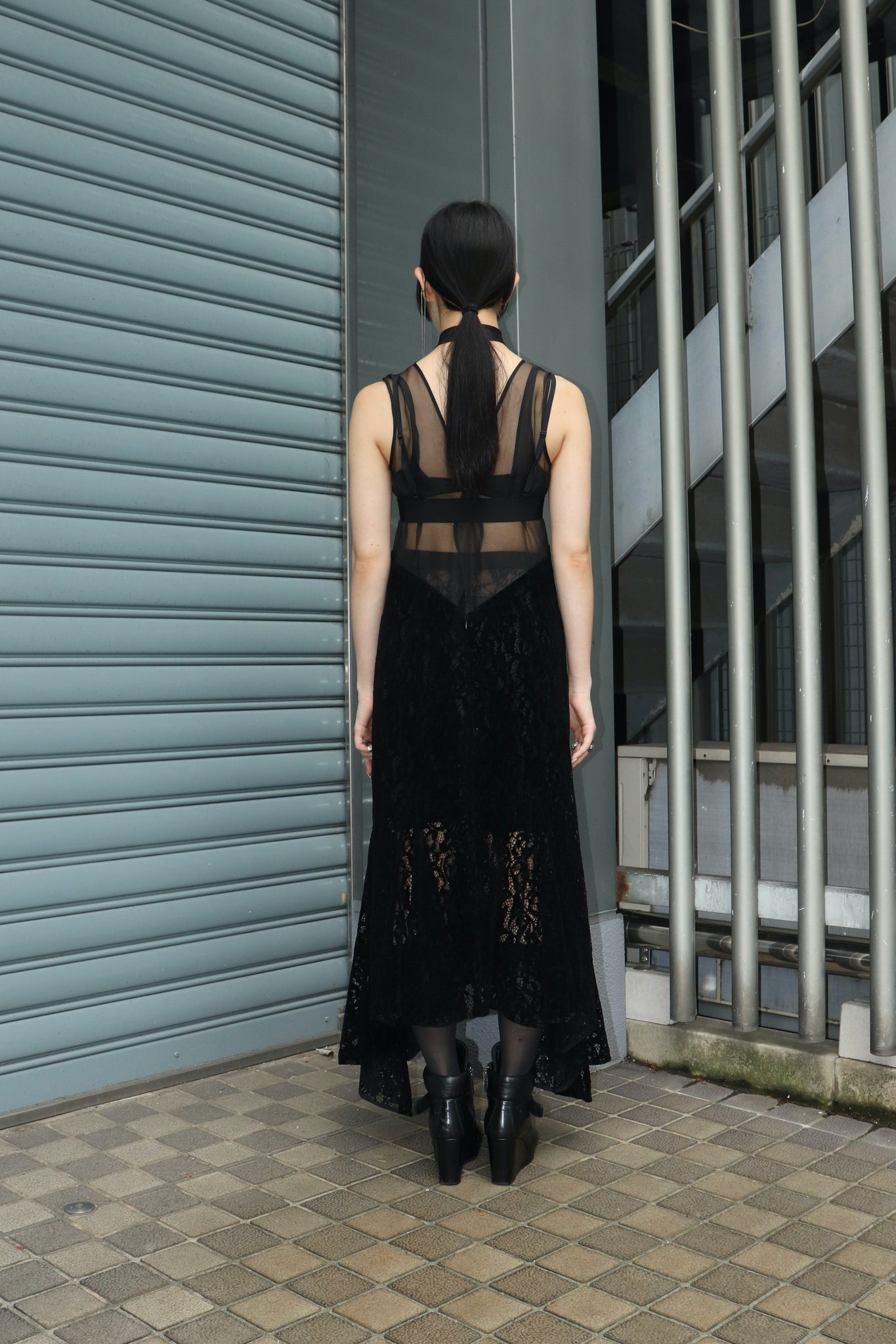 Styling image using FETICO 23AW LACE PANELED MIDI Dress (Black)