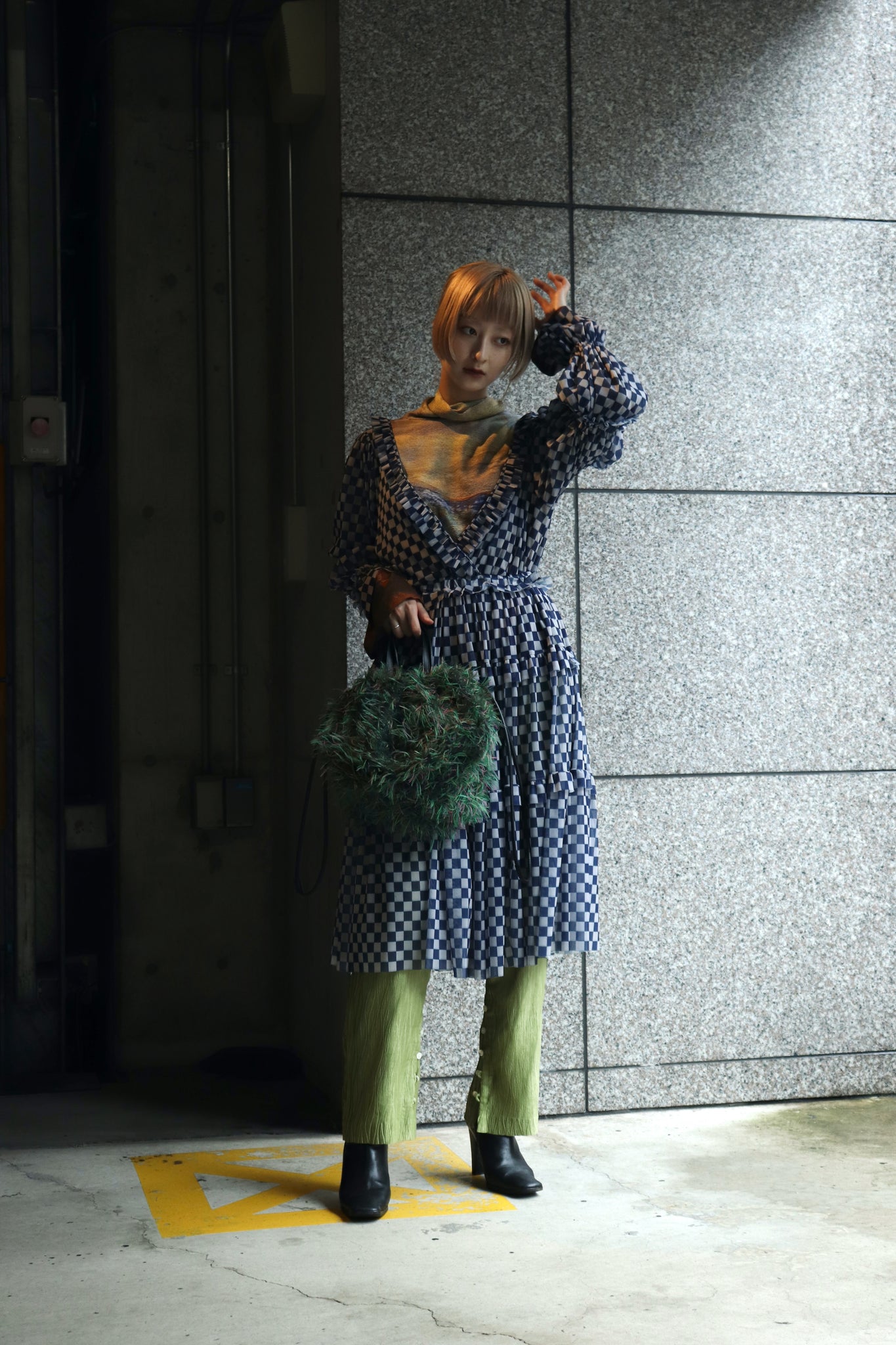 TIIT 20ss Panel Tule Dress Blue 36 and SHINYA's 22AW Landscape Landscape XS and Belper's 22SS PLEATED PANTS GRN 1 and LastFrame's Shaggy Kinchaku Bag Med IUM's GRN M worn image