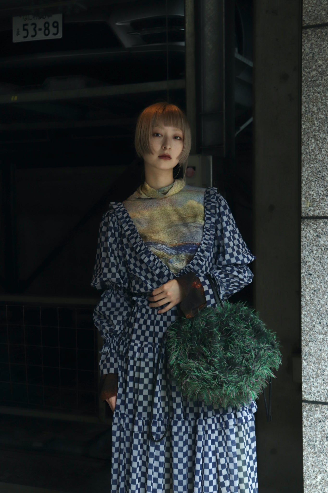TIIT 20ss Panel Tule Dress Blue 36 and SHINYA's 22AW Landscape Landscape XS and Belper's 22SS PLEATED PANTS GRN 1 and LastFrame's Shaggy Kinchaku Bag Med IUM's GRN M worn image