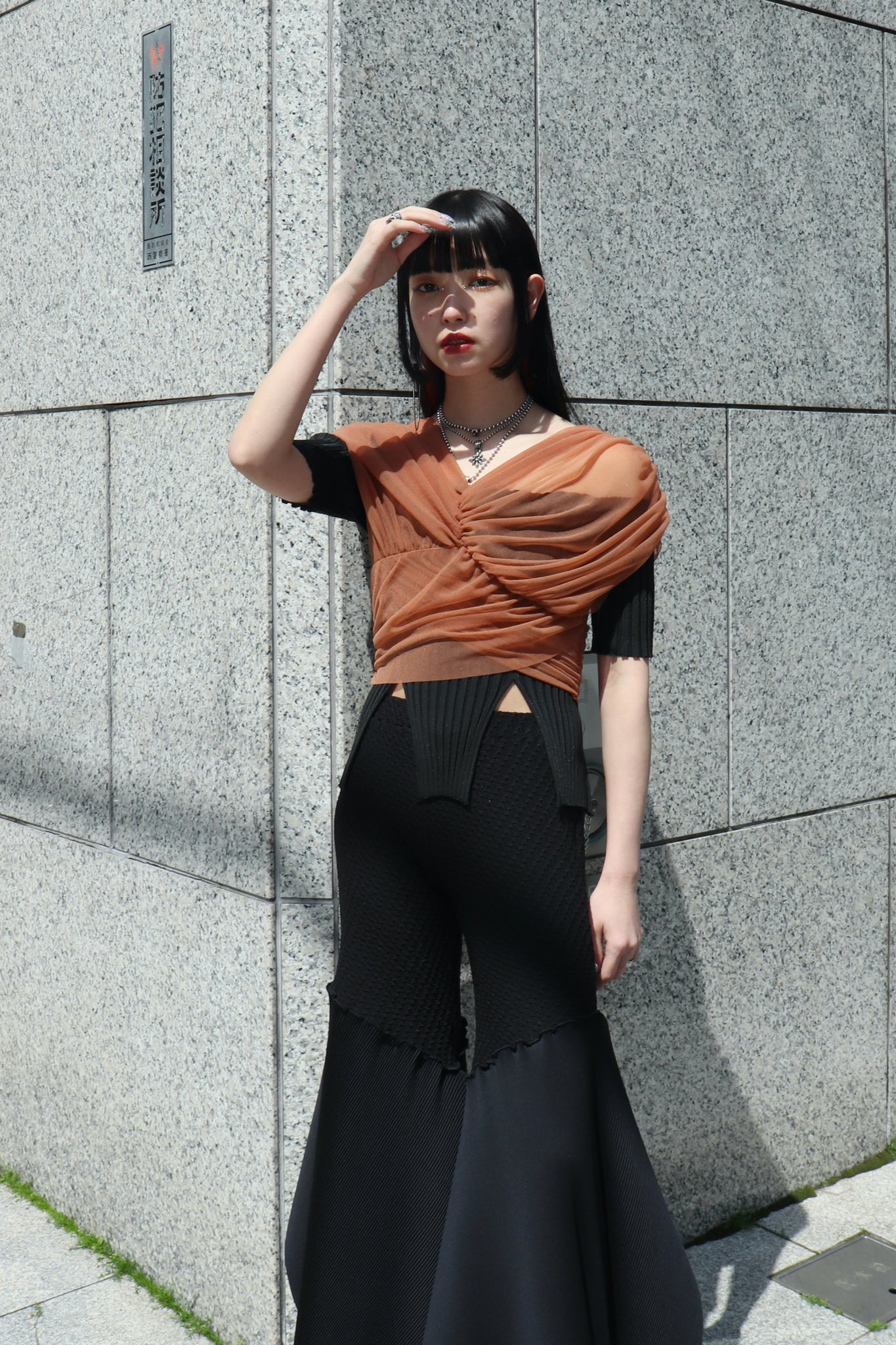 Styling image using FETICO 23ss GATHERED Sheer Top (Terra Cotta)