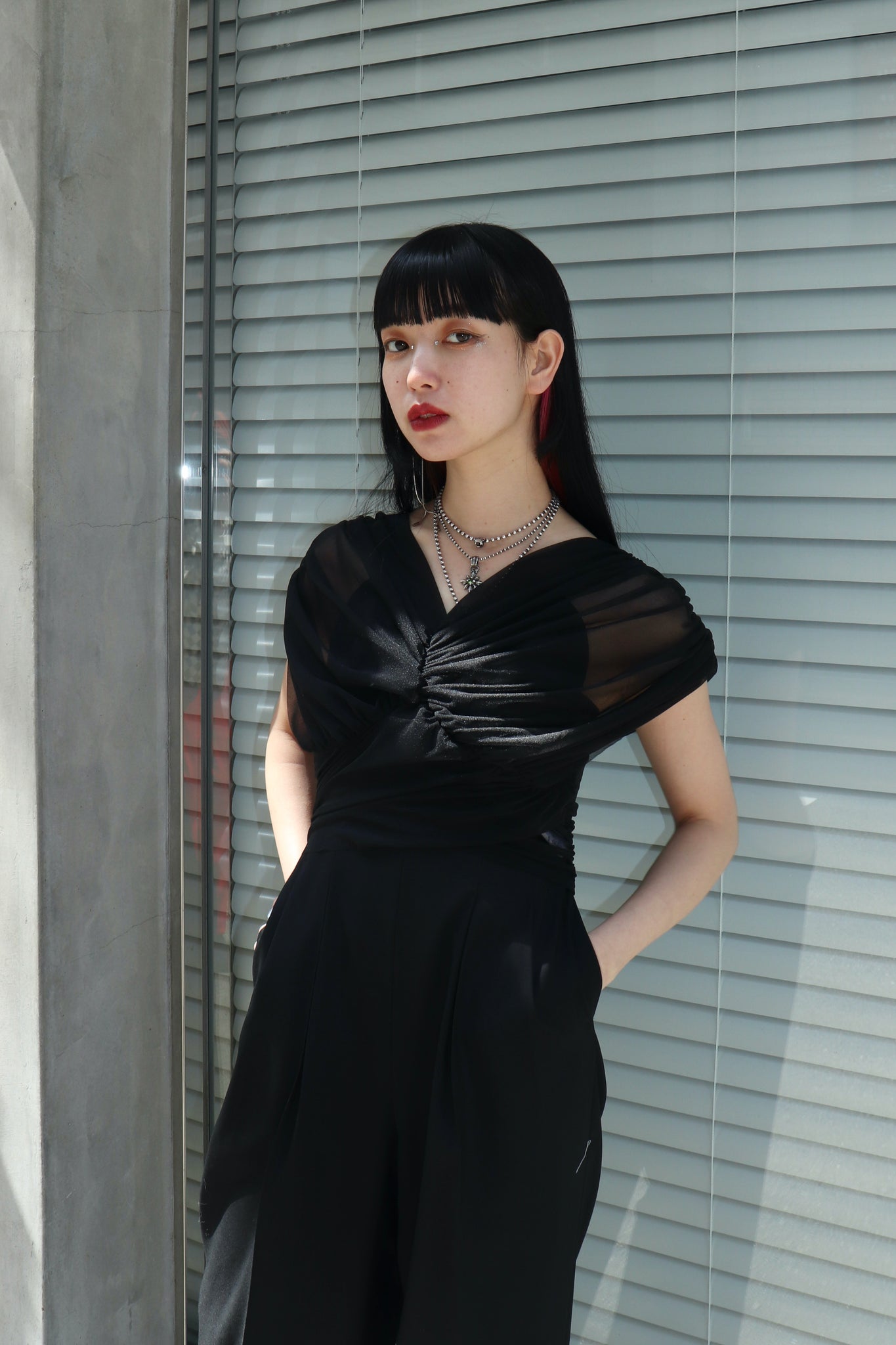 Styling image using FETICO 23SS GATHERED Sheer Top (Black)