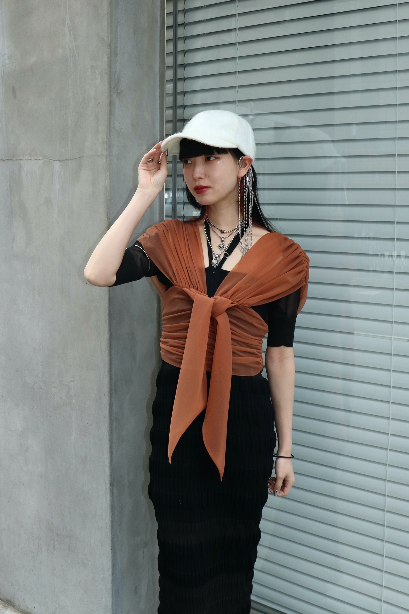 Styling image using FETICO 23SS GATHERED Sheer Top (Black)