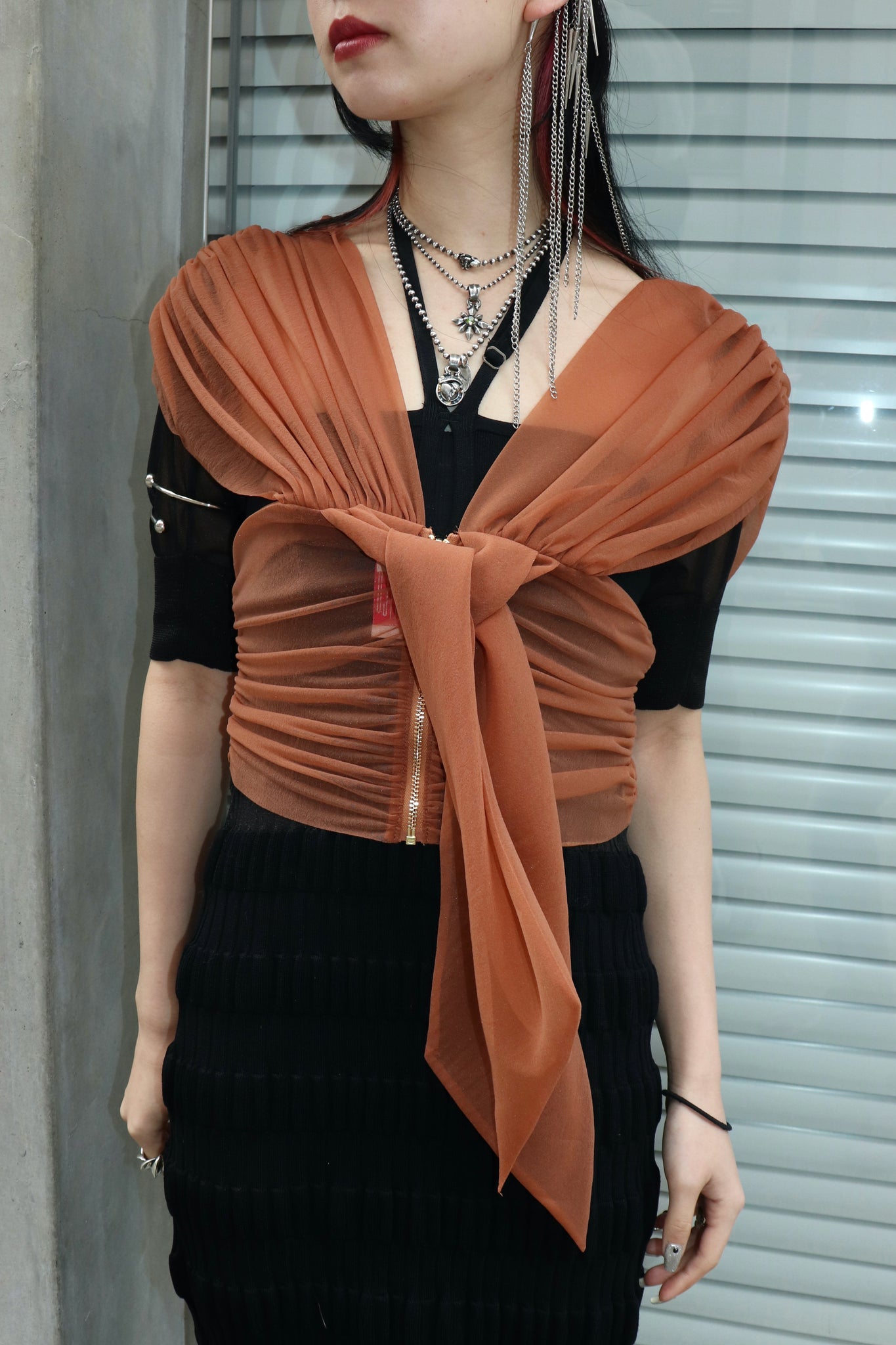 Styling image using FETICO 23SS GATHERED Sheer Top (Black)