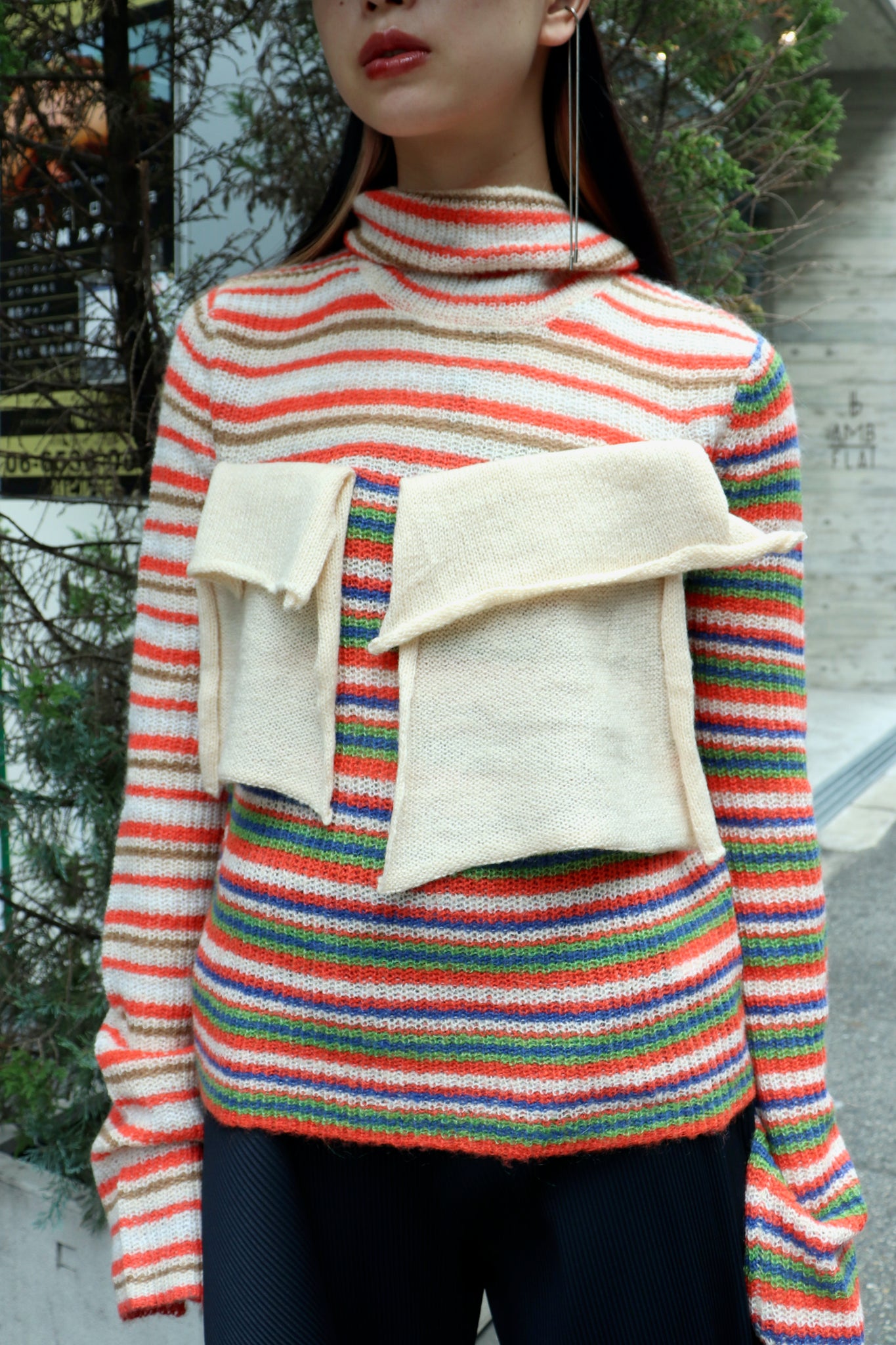 Styling image using kotohayokozawa 23aw mohair border High Neck Knit (PINK)