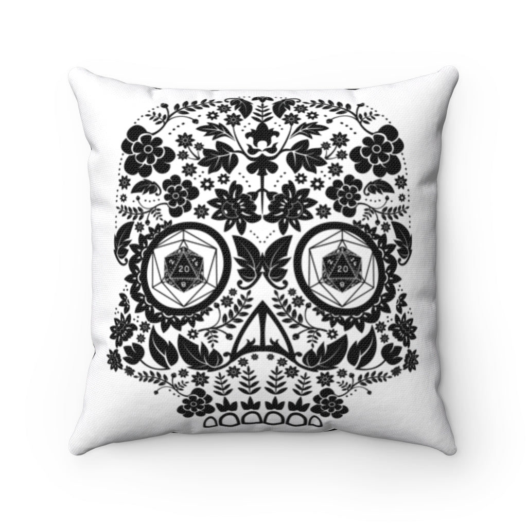 💀 20 Sided Eyes Sugar Skull 💀 Cool gaming designed Game Room Pillow with black Sugar Skull that has 20 sided dice for eyes.  Description:  Game room accents shouldn't be underrated. These beautiful indoor pillows come in two sizes. by Red Fox Brand