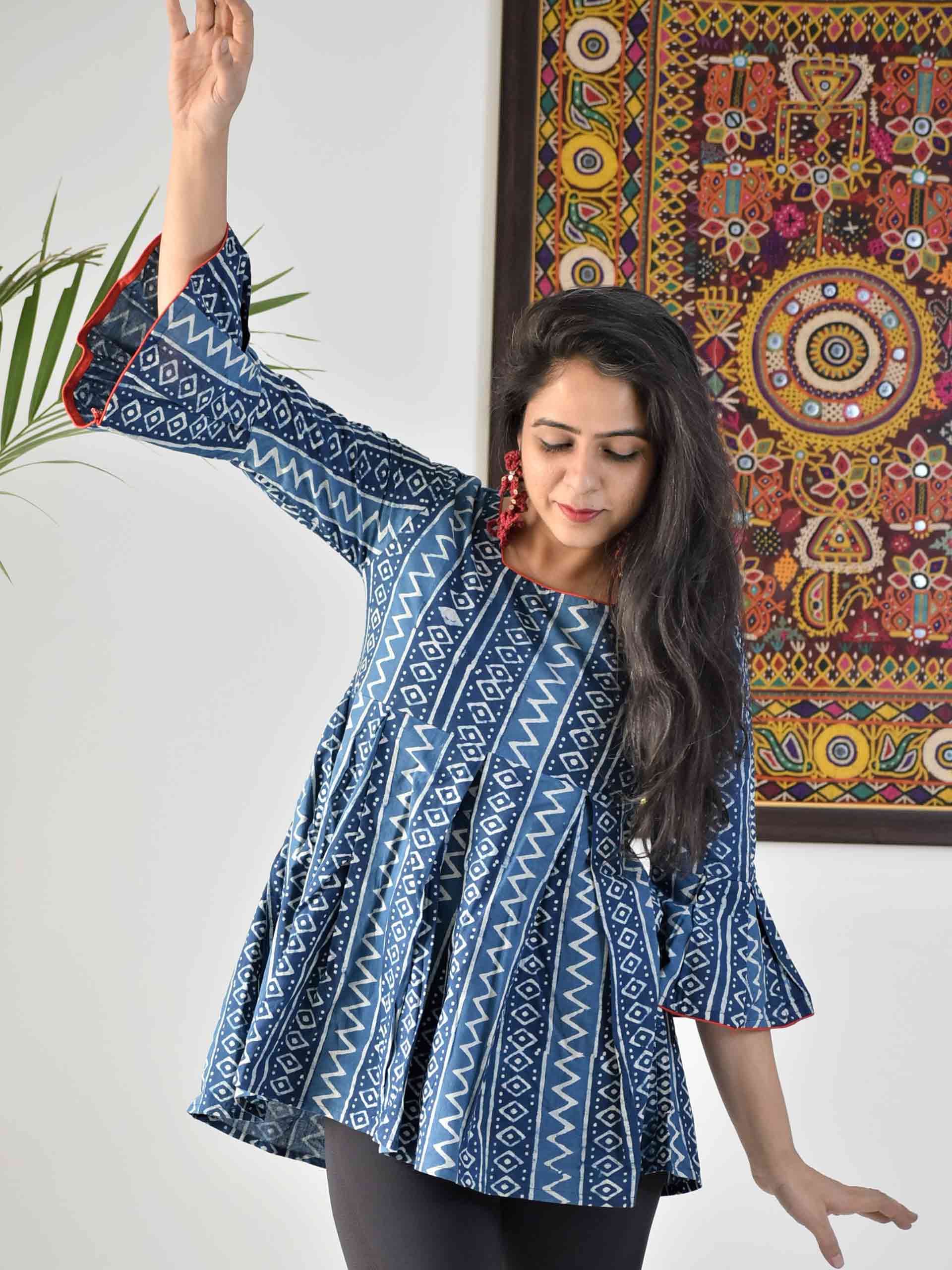 Indigo Block Printed Fit and Flare Cotton Top – Madhurima