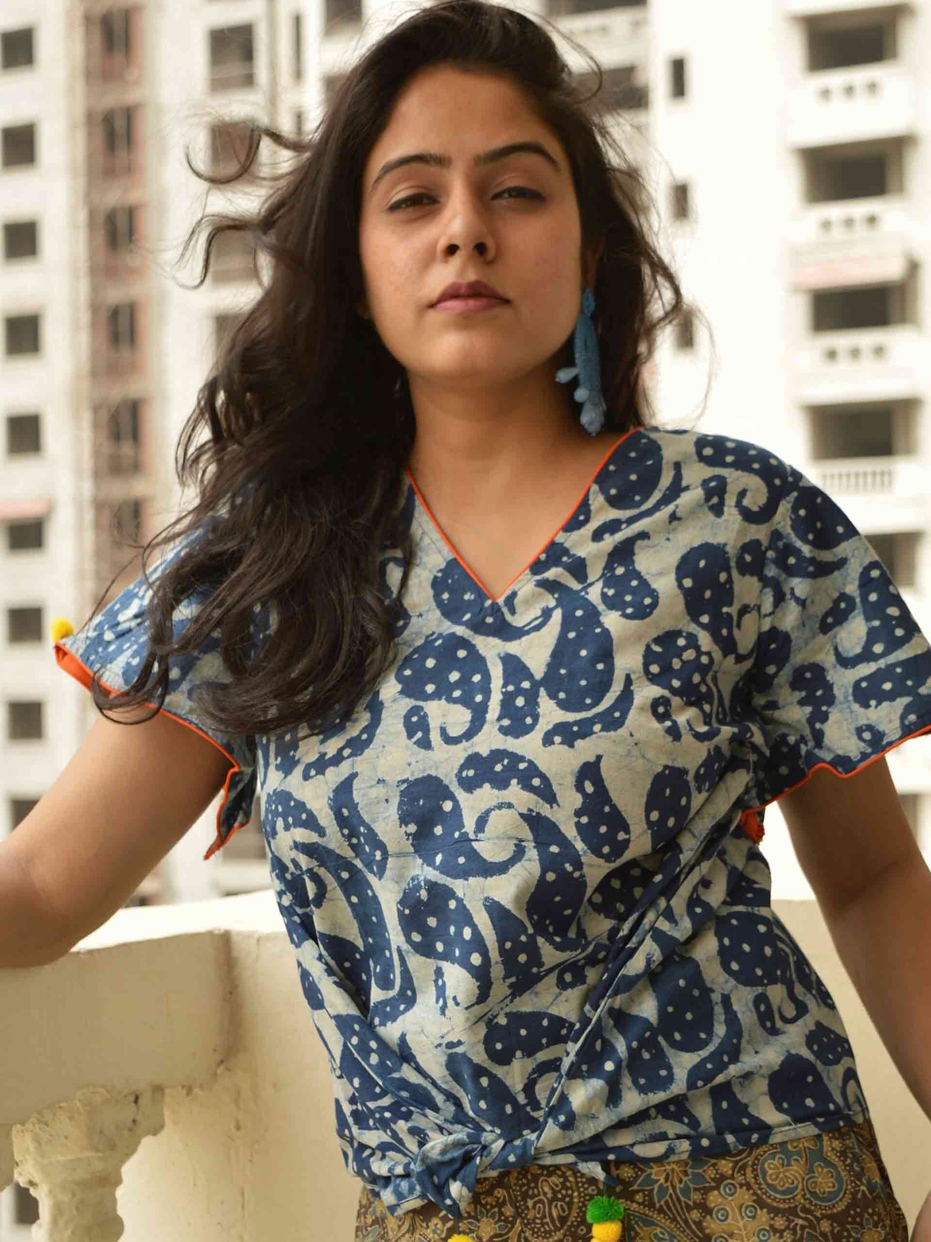 Buy Indigo Dabu Hand Block Printed Cotton Long Flared Top Online