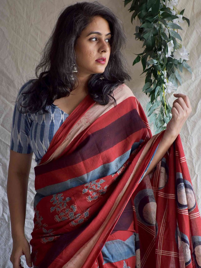 Moti haar -  Ajrakh hand block printed mul cotton saree