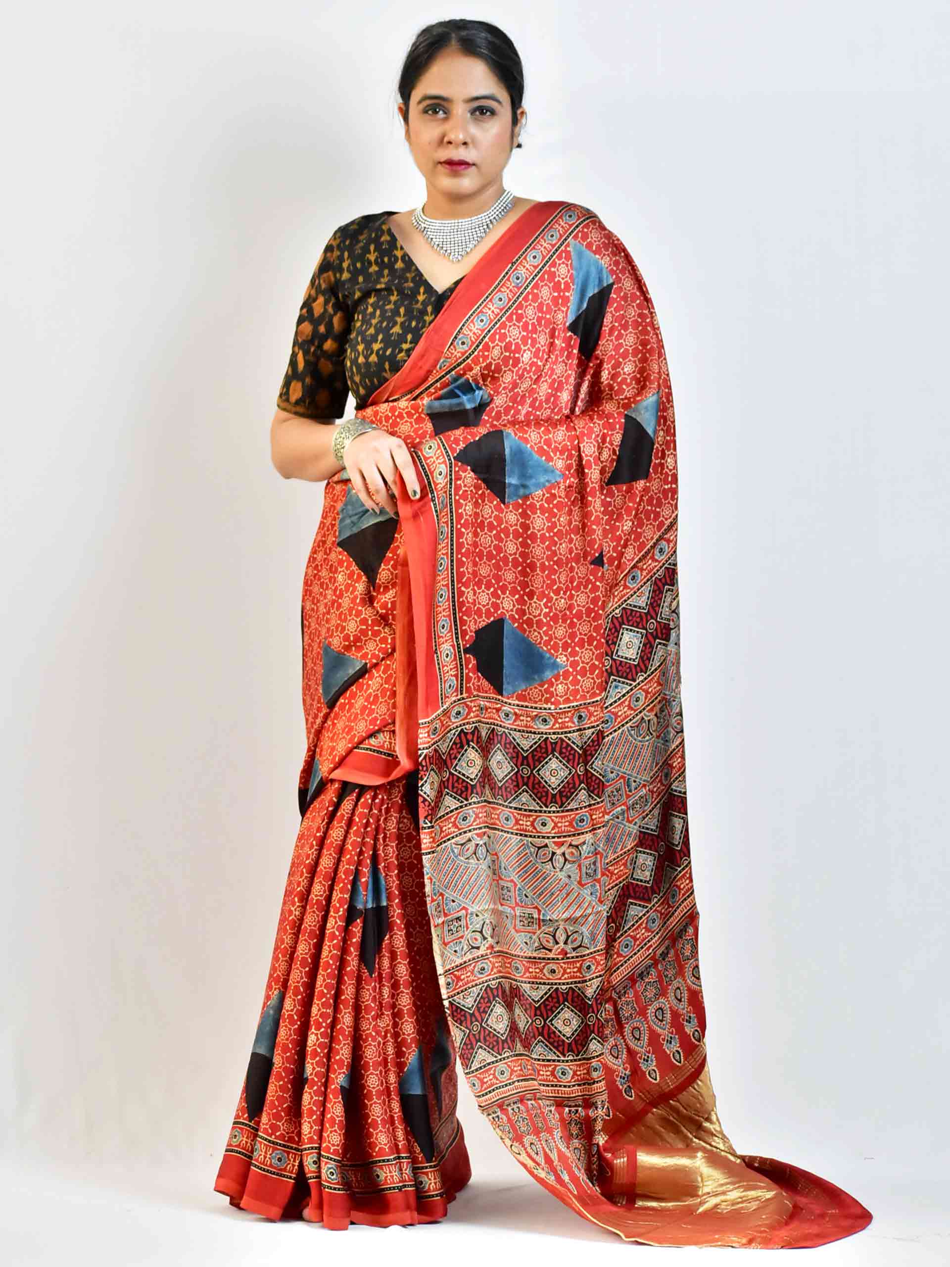 Red base Ajrakh Printed Modal Silk Saree with Blue & Brown Floral Print -  Byhand Kochi