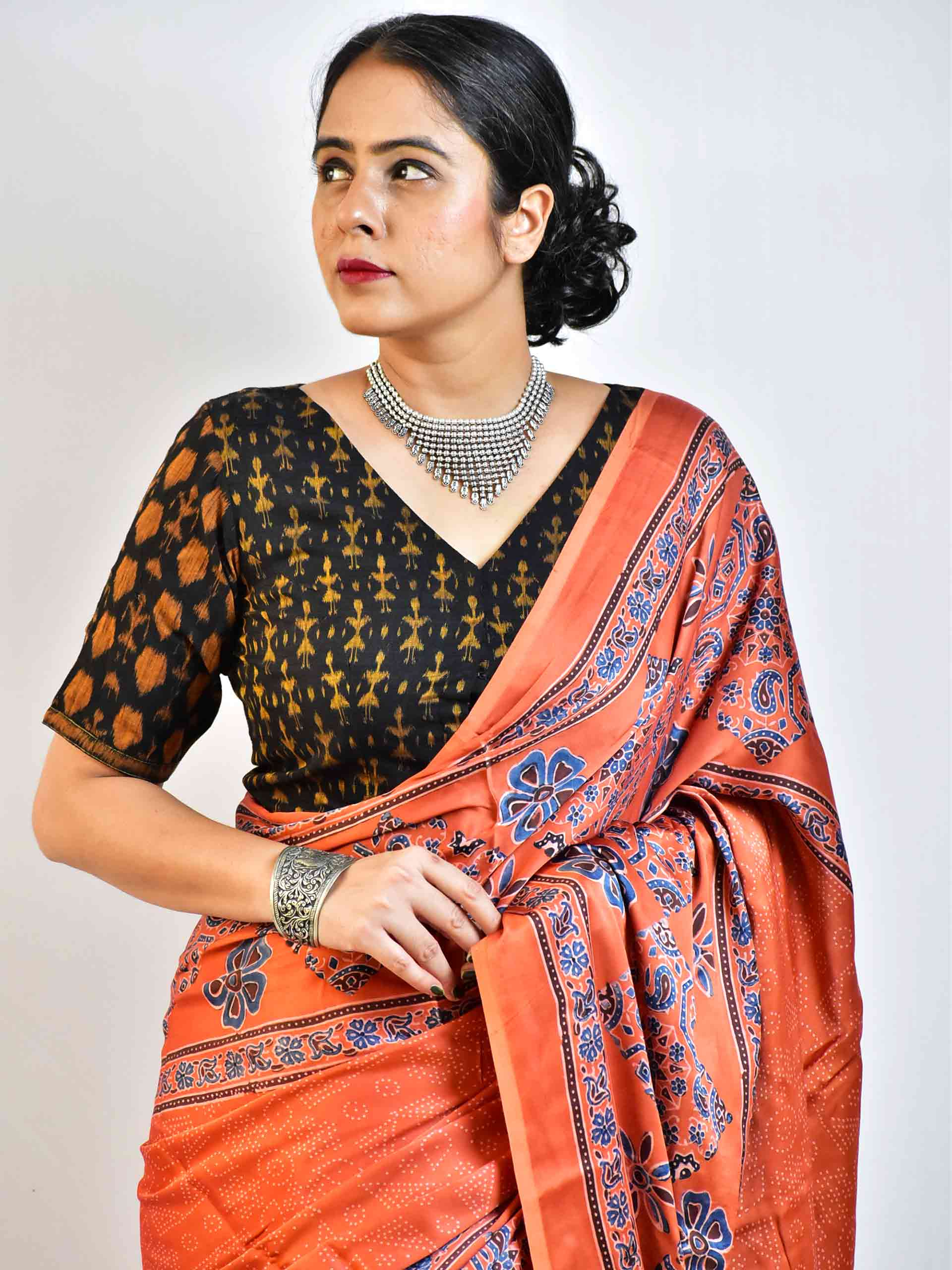 Safeda Ajrakh Hand Block Printed Modal Silk Saree -  Canada