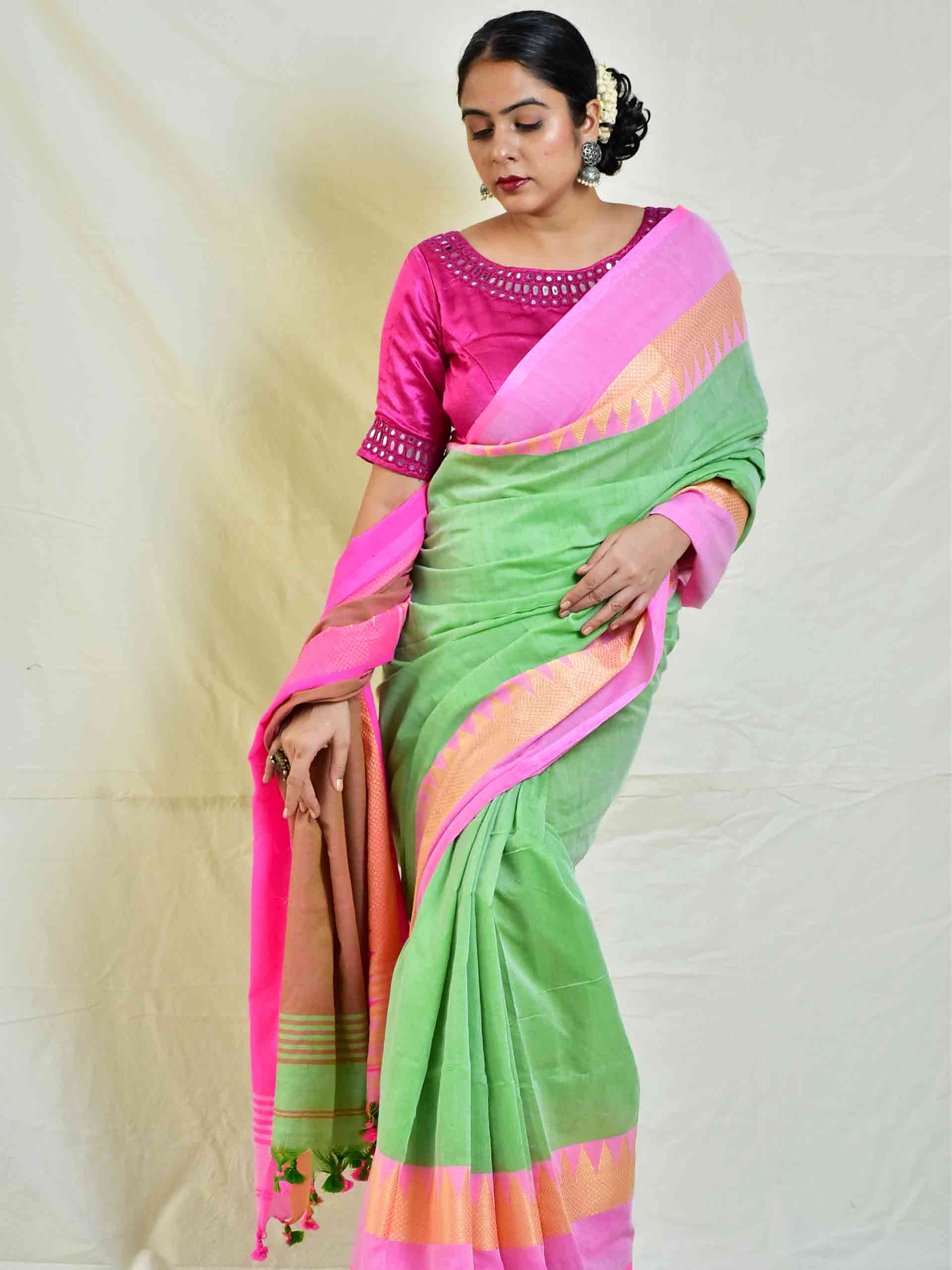 Rangeen - cotton saree with woven border – Sundarii Handmade