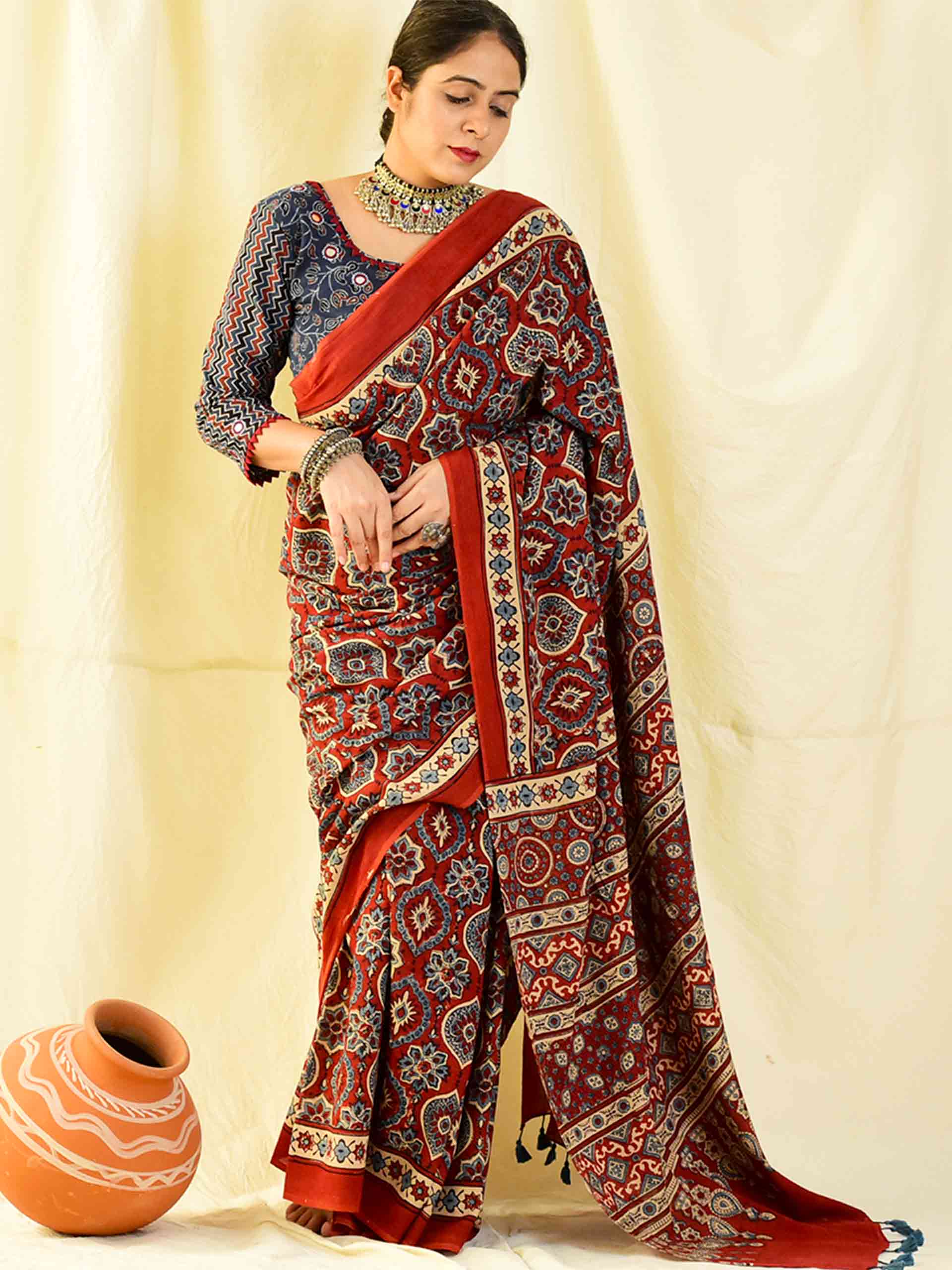 Black Ajrakh hand block printed Modal silk saree