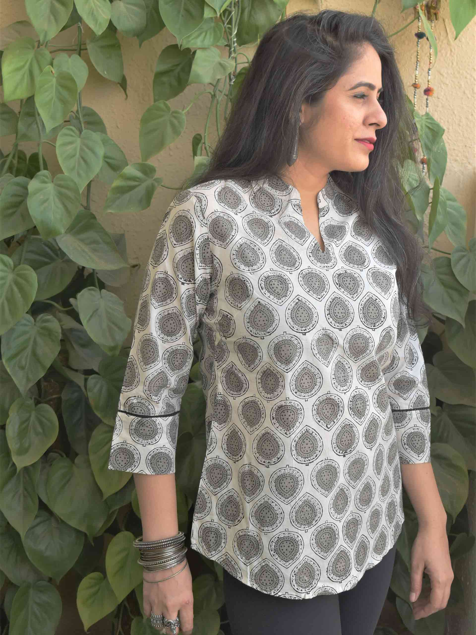 Buy Indigo Dabu hand block printed cotton long flared top Online