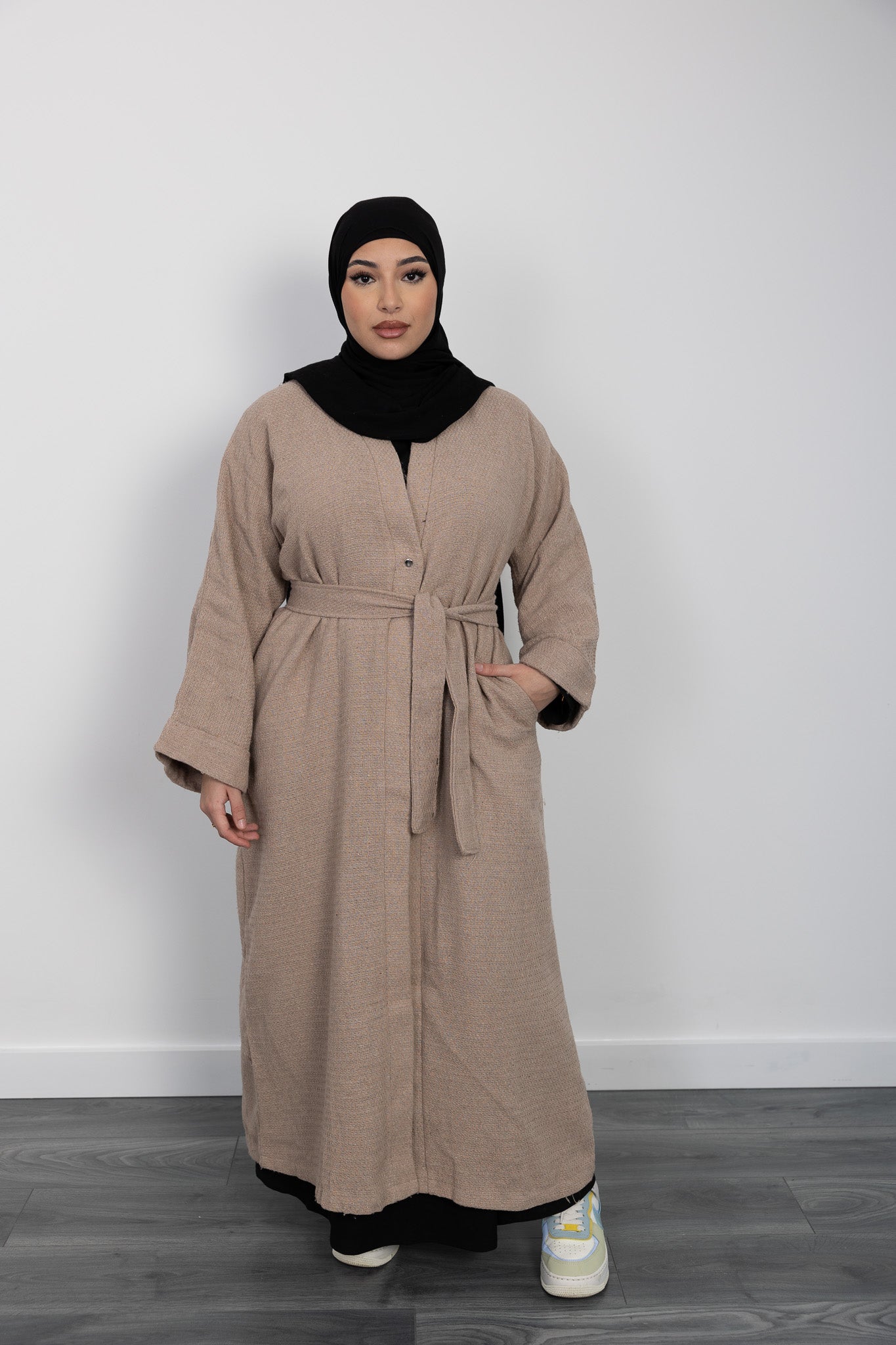 Shop Latte Chanel Abaya Coat with Pockets – HAWAA Clothing UK