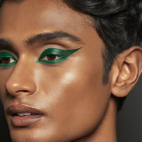 emerald green graphic eyeliner makeup on a southeast asian man
