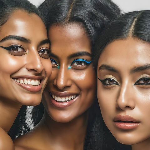 a diverse group of beautiful models wearing eyeliner, all happy and having fun