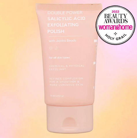 Pink face scrub by Standard Beauty with award badge (award-winning product)