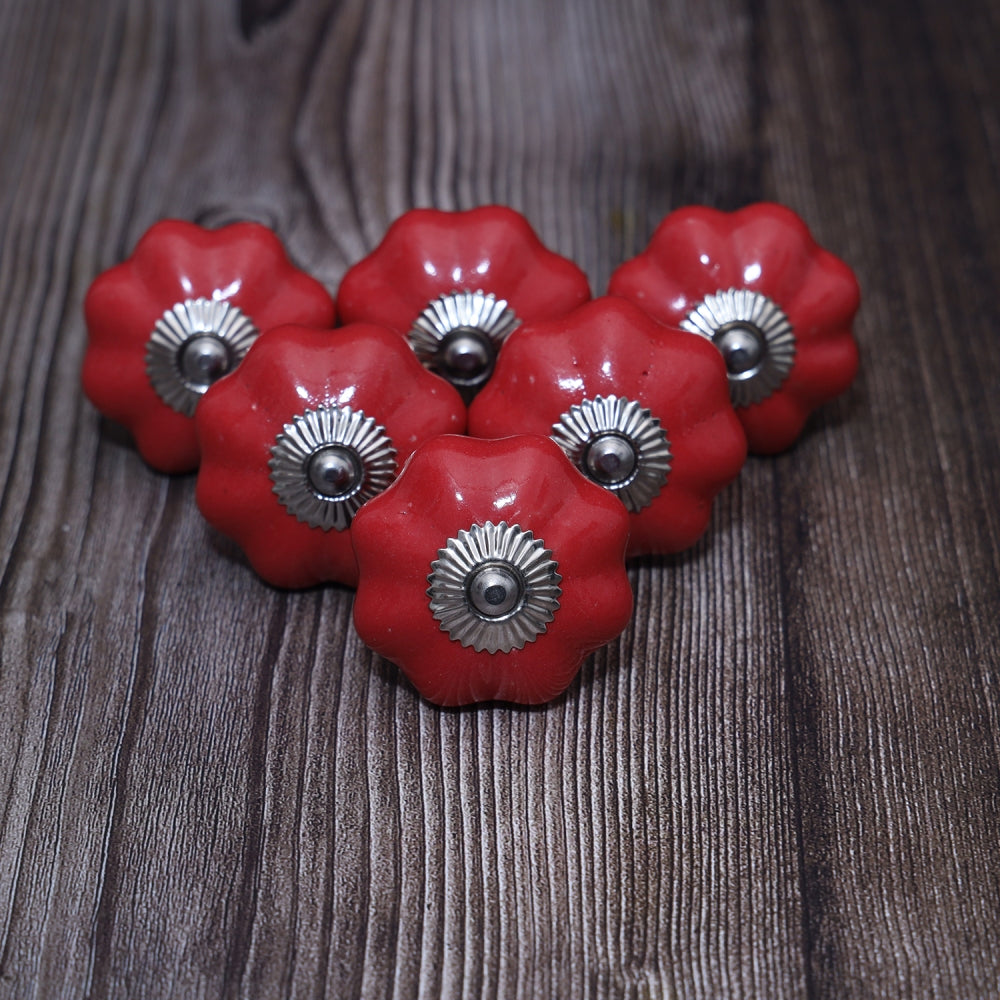 Set of 6 Ceramic Knobs/Drawer pulls for Cabinets, Drawers, Cupboards, Doors, etc. ( Design 6, Colour - Red)