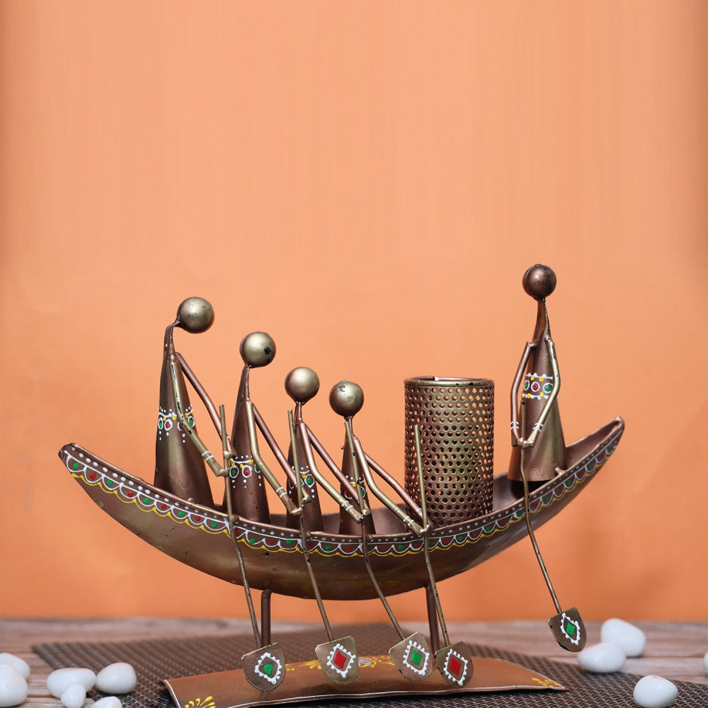 Decorative metal boat with Human figurines by Justoriginals (Colour - Copper)