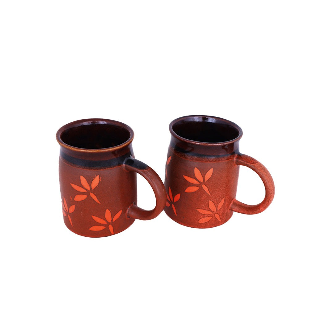 2 PCs Set of Ceramic Coffee Mugs with Flower Print(Color:Brown & Dark Brown Shade)