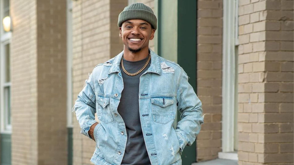 Man wearing denim shirt and Gold Cuban Chain and Bracelet set