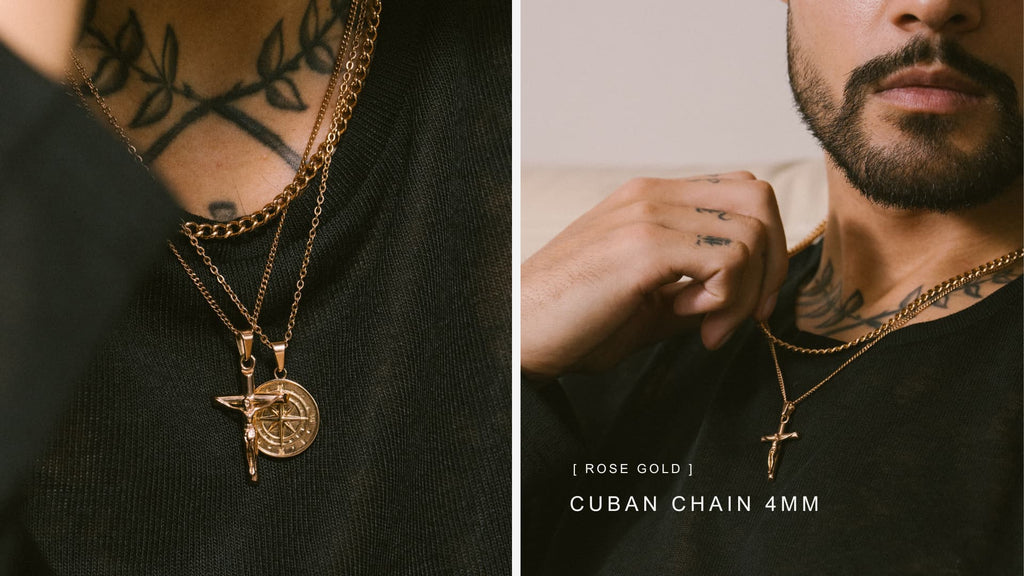 Man wearing black long sleeve t-shirt with a Rose Gold Cuban Link Chain and pendant